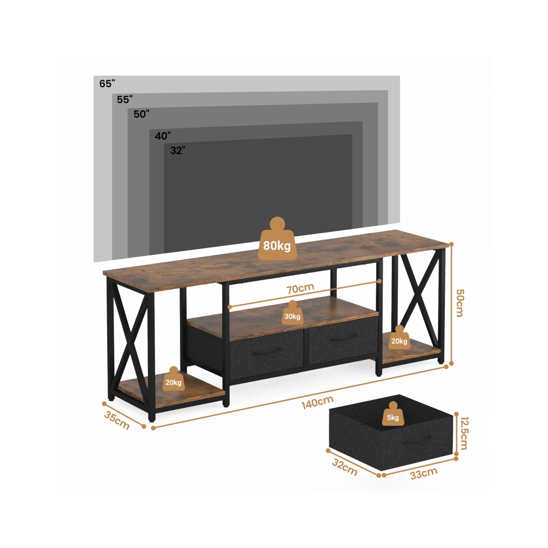 2 Advwin Tv Cabinet 140cm Entertainment Unit Stand W/ Shelf & Drawers Media Console Walnut, 2 of 8