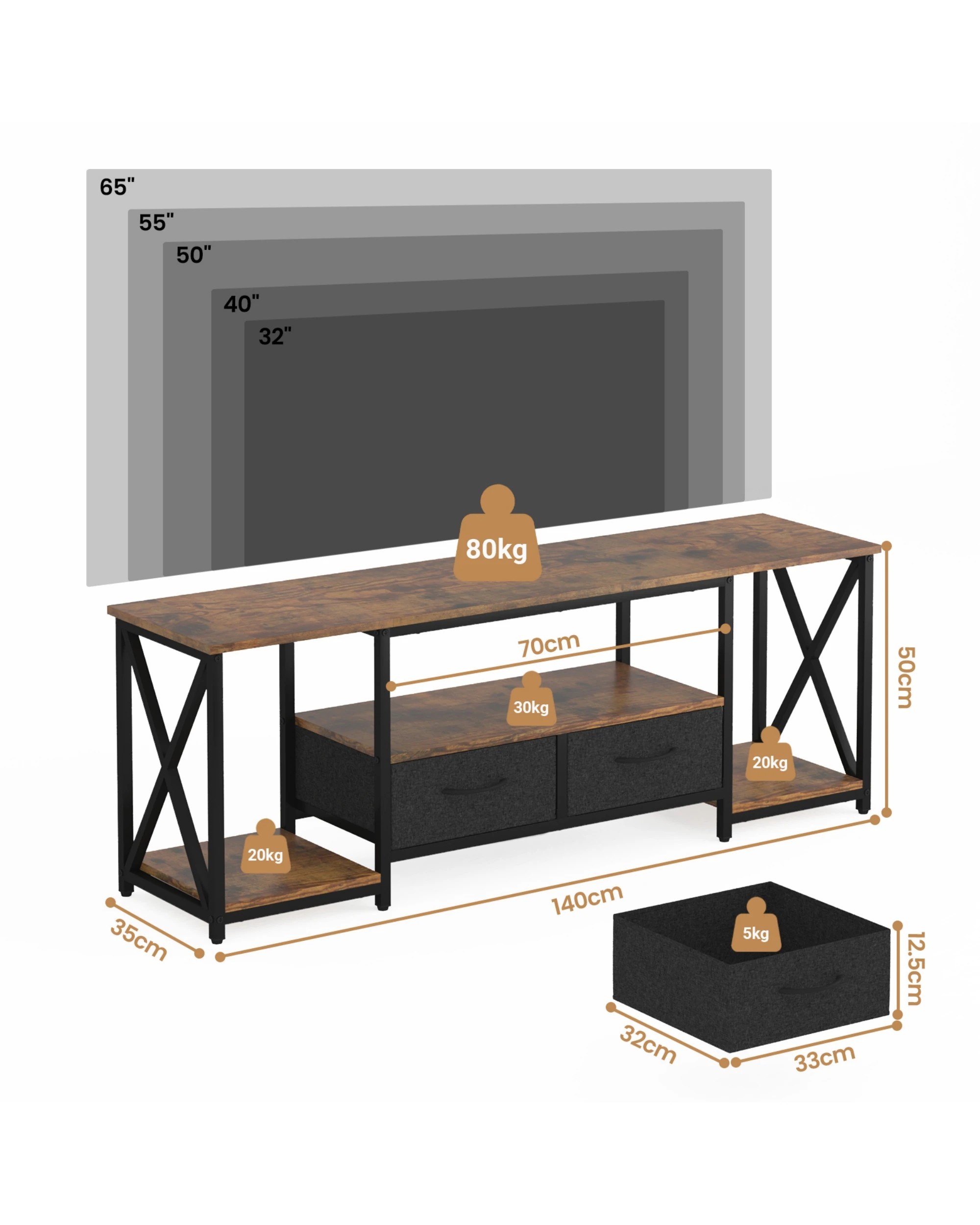 2 Advwin TV Cabinet 140cm Entertainment Unit Stand w/ Shelf & Drawers Media Console Walnut, 2 of 7