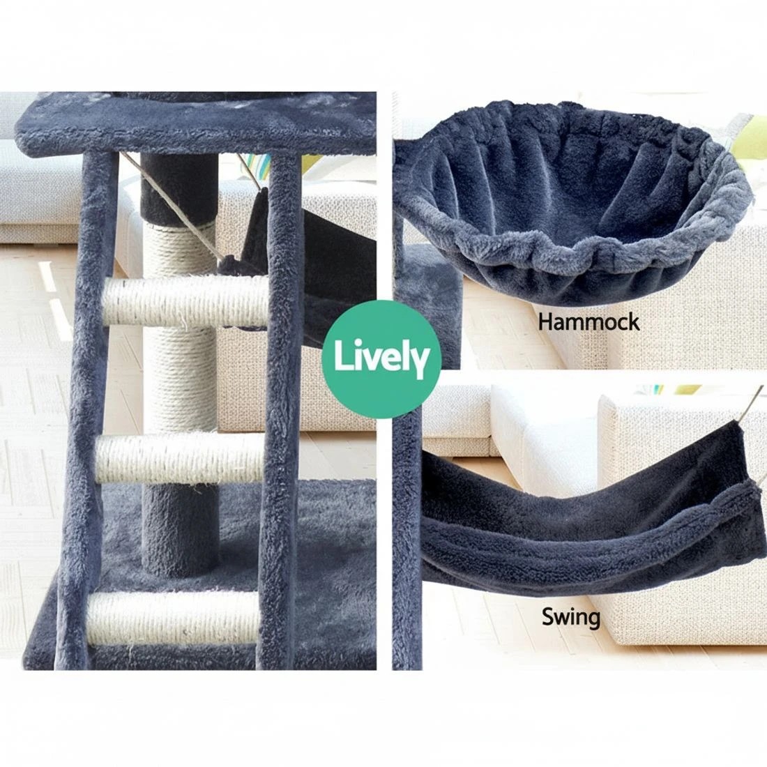 7 i.Pet Cat Tree 141cm Tower Scratching Post Scratcher Condo Wood House Bed - Grey, 7 of 7