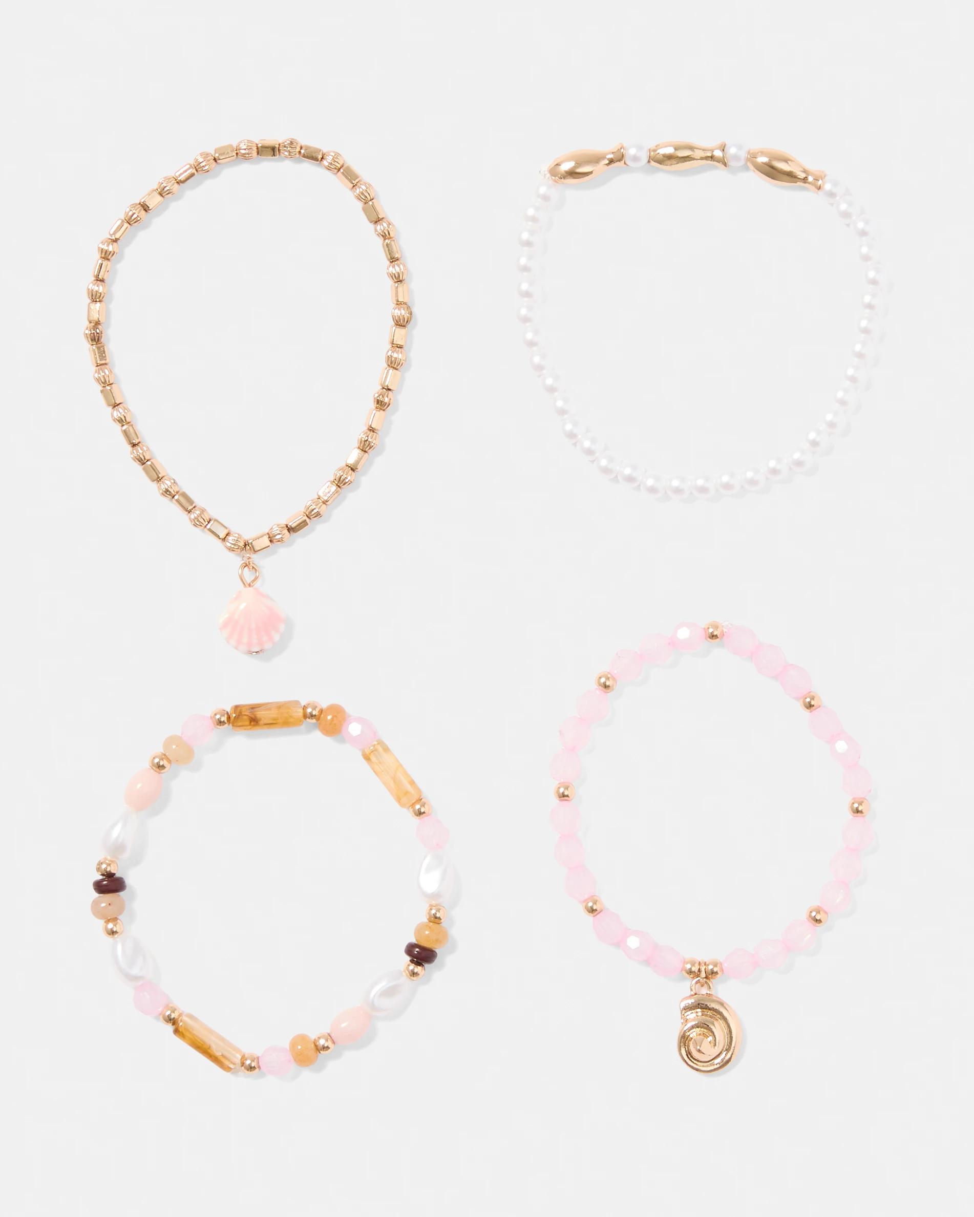 1 4 Pack Stretch Bracelets - Pink, White, Brown and Gold Tone Pink, 1 of 7