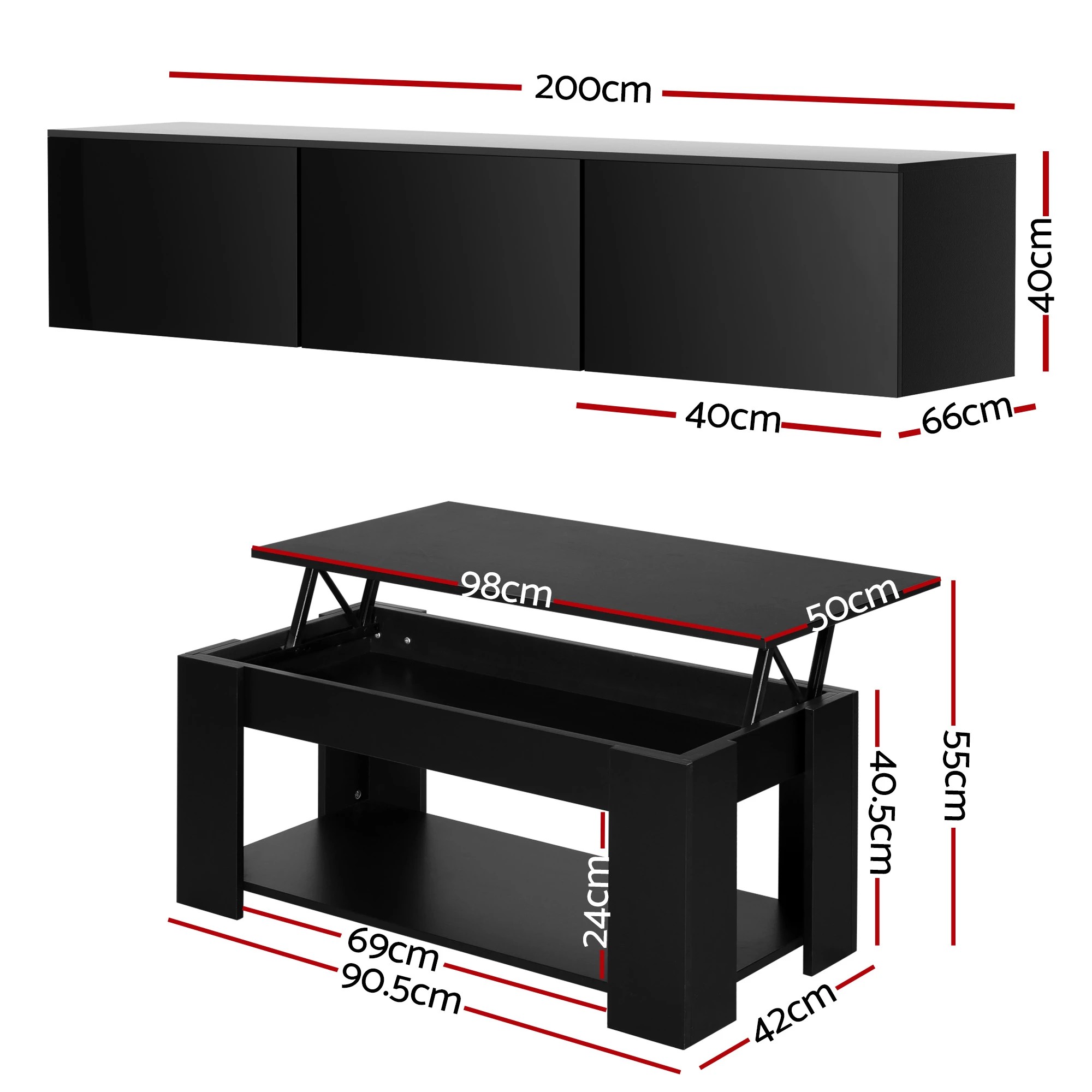 3 Artiss Floating TV Unit & Lift Up Coffee Table Set with Hidden Storage Space High Gloss Front - Black, 3 of 10