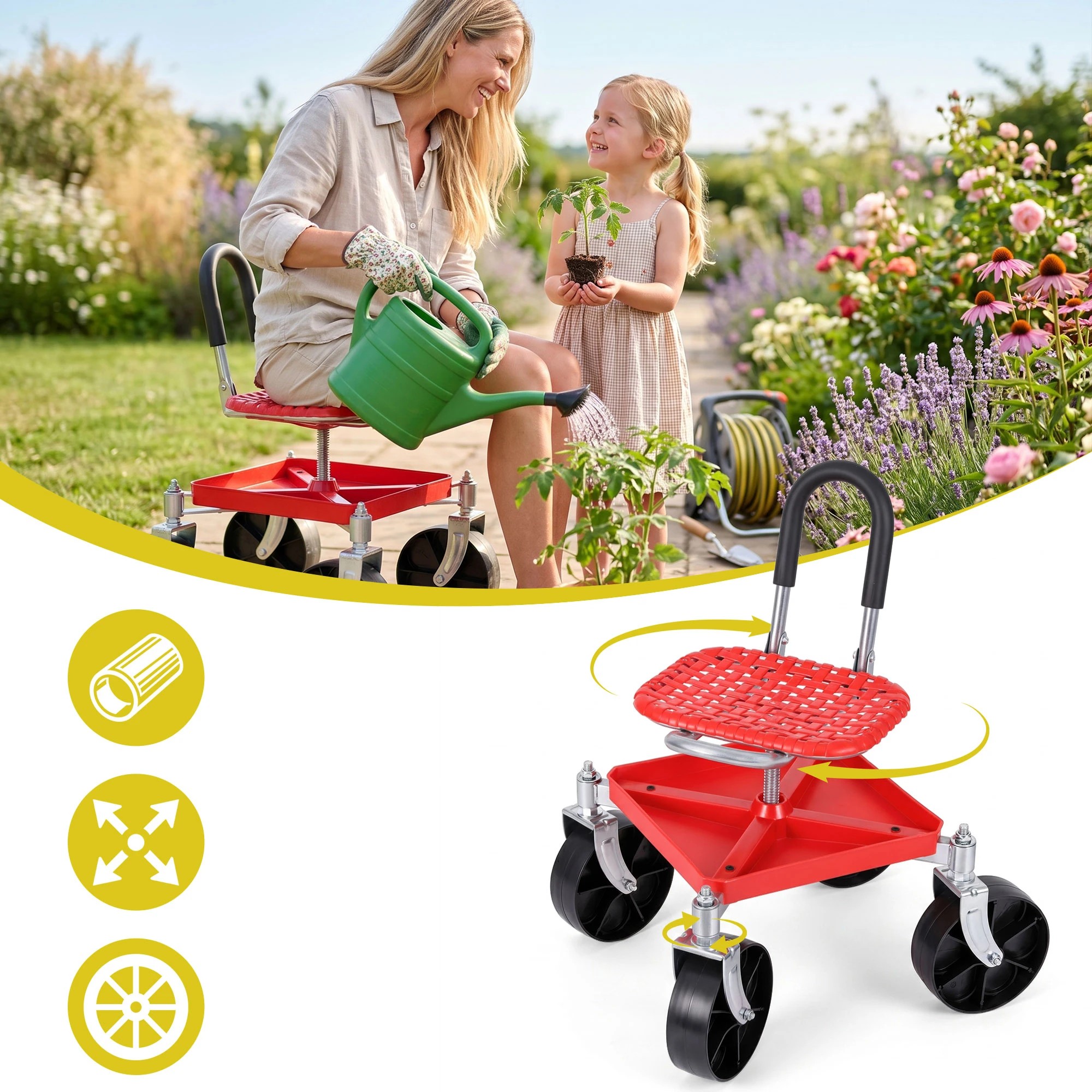 4 Gardeon Garden Cart Seat Rolling Stool 360 Swivel Height Adjustable Heavy Duty - Red, 4 of 9