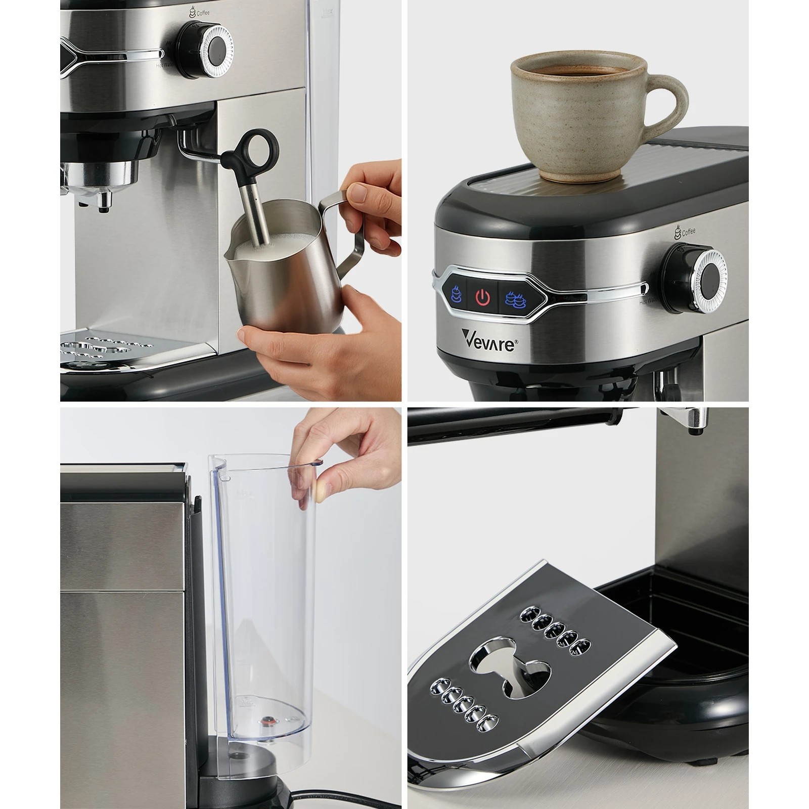 6 Vevare Espresso Coffee Machine Latter Cappuccino Maker 19 Bar Milk Frother - Silver, 6 of 8