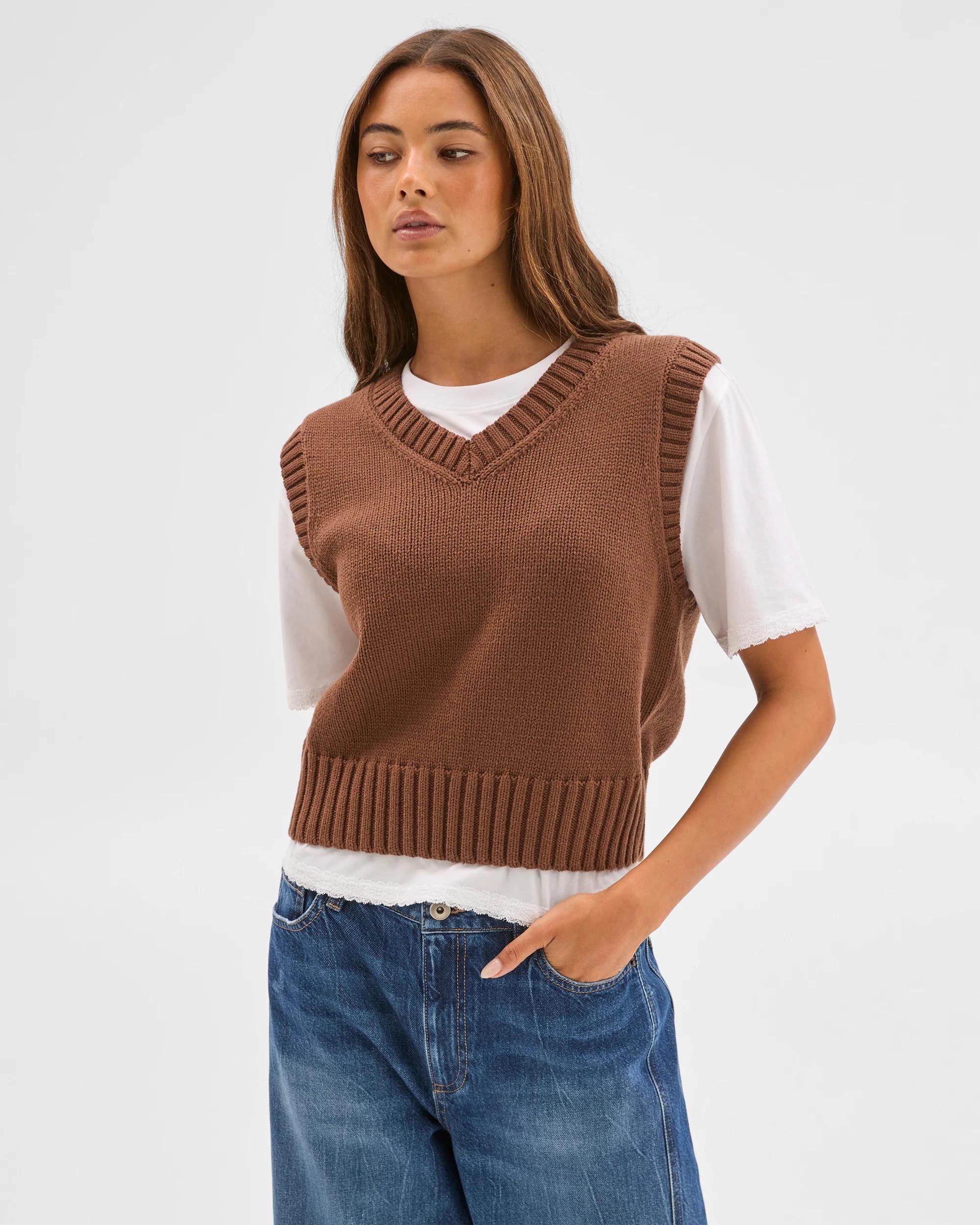 4 Lily Loves Australian Cotton Blend V-Neck Knit Vest LIGHT BROWN, 4 of 8