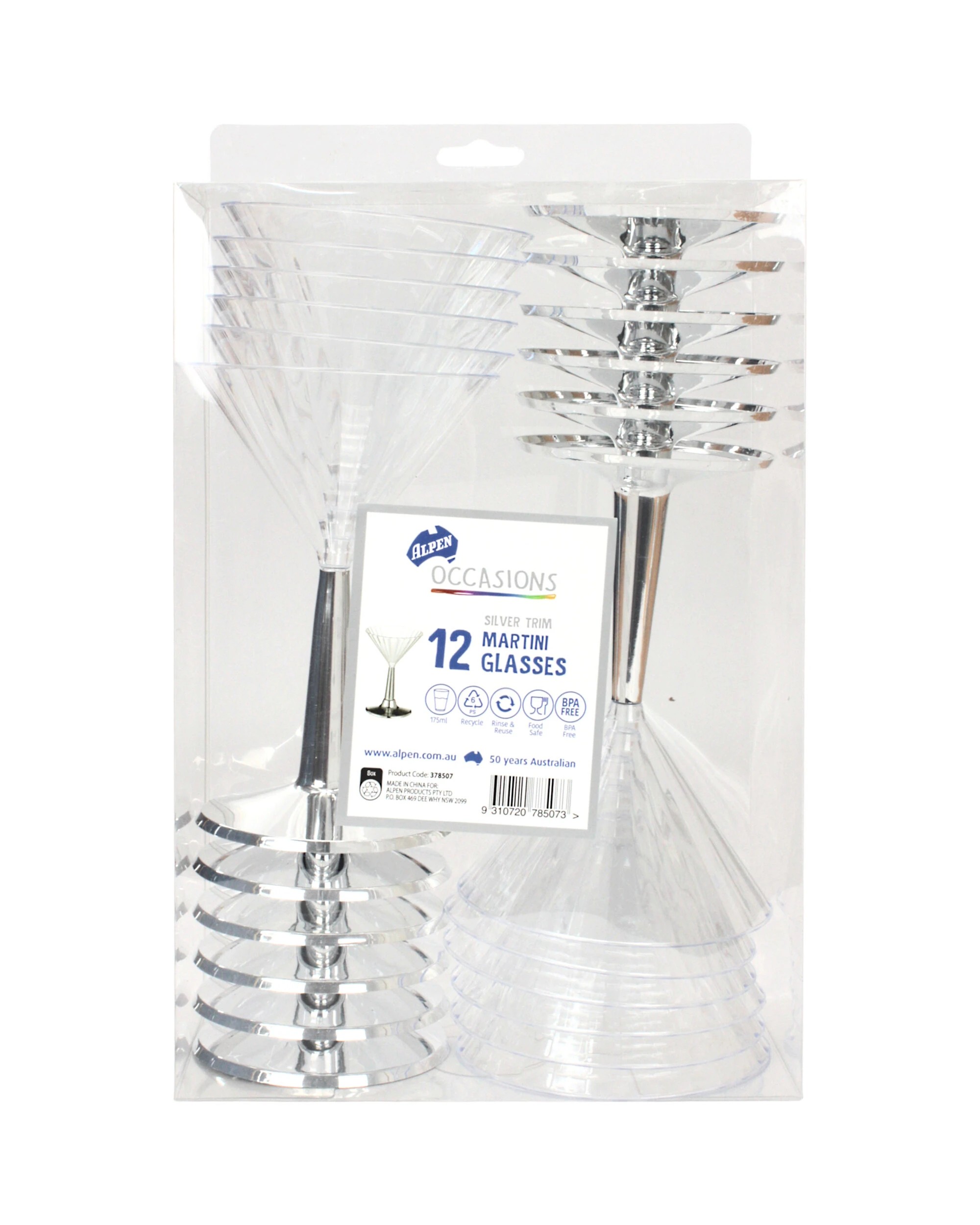 3 Alpen Silver Trim Plastic Reusable Martini Glass 175ml Pack of 12 - Silver, 3 of 3