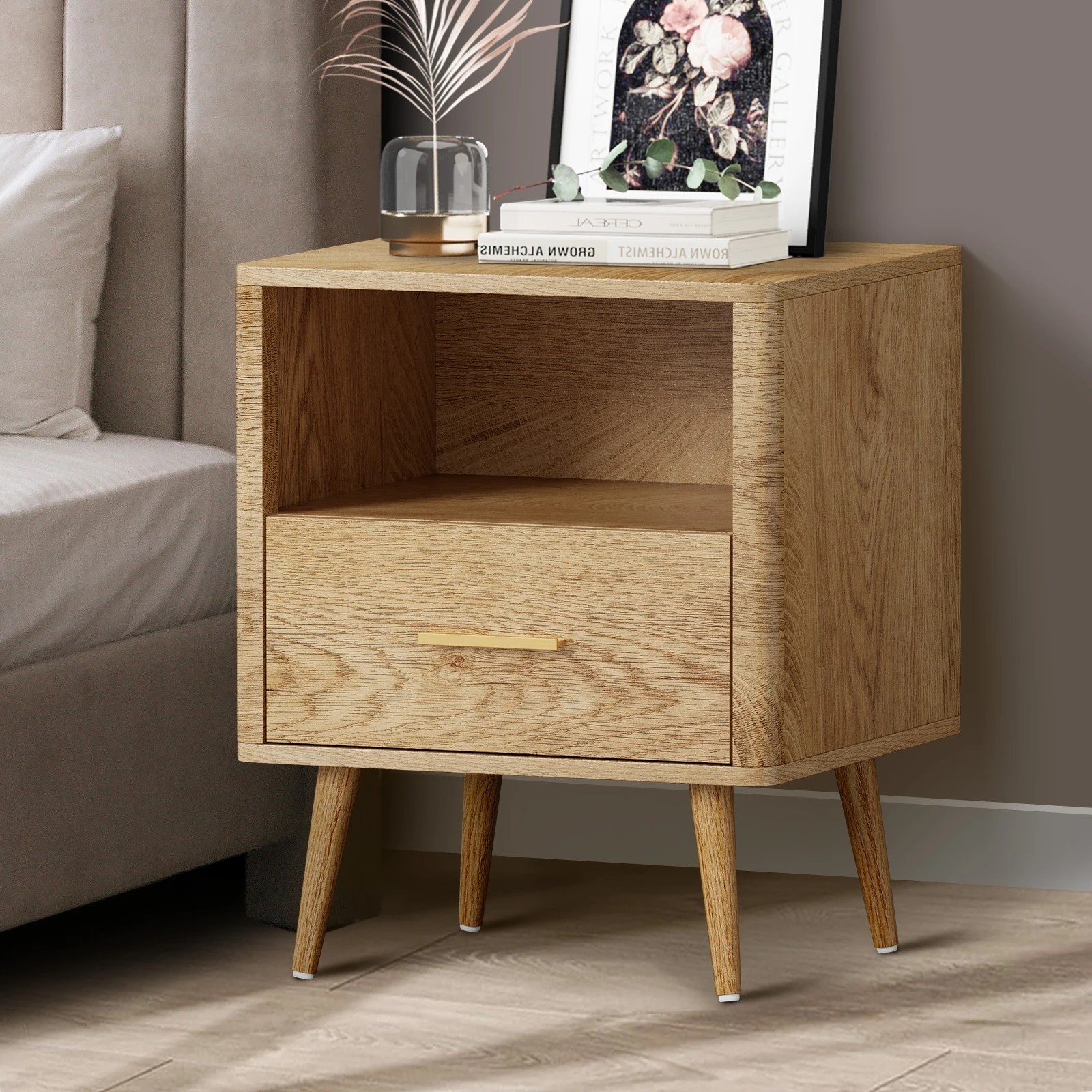 2 Oikiture Bedside Table 1 Drawer Open Shelf Side End Tables Nightstand
 - Natural, 2 of 10