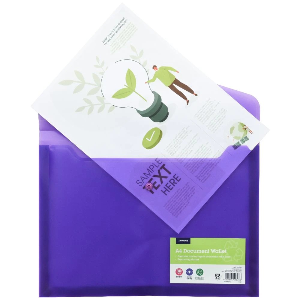 4 J.Burrows A4 Button Document Wallet Purple, 4 of 5