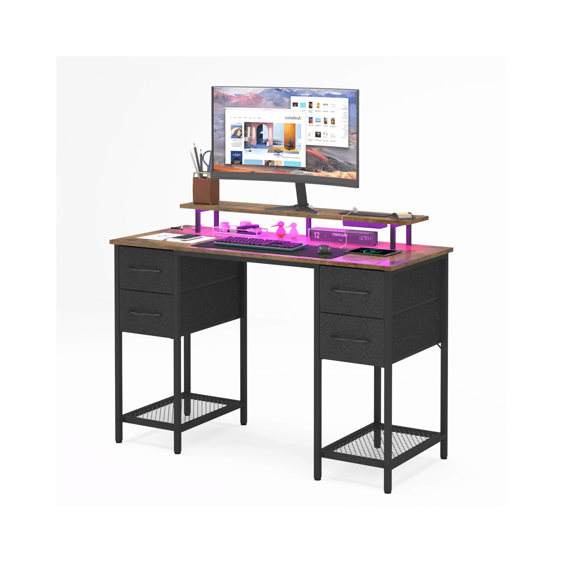 1 Advwin 120cm Walnut Computer Desk With Led Lights Power Outlets Gaming Desk, 1 of 9