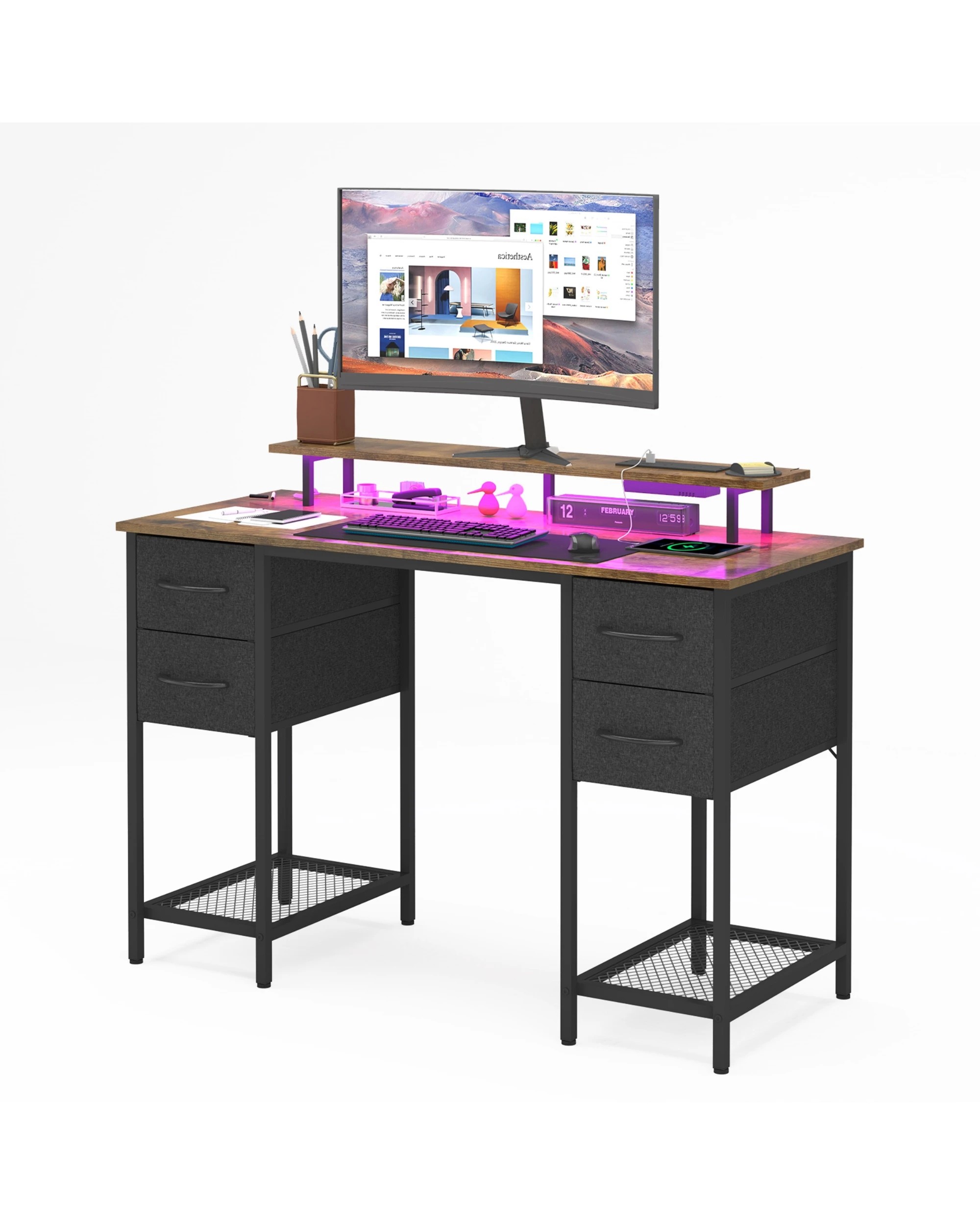 1 Advwin 120cm Walnut Computer Desk With Led Lights Power Outlets Gaming Desk, 1 of 8