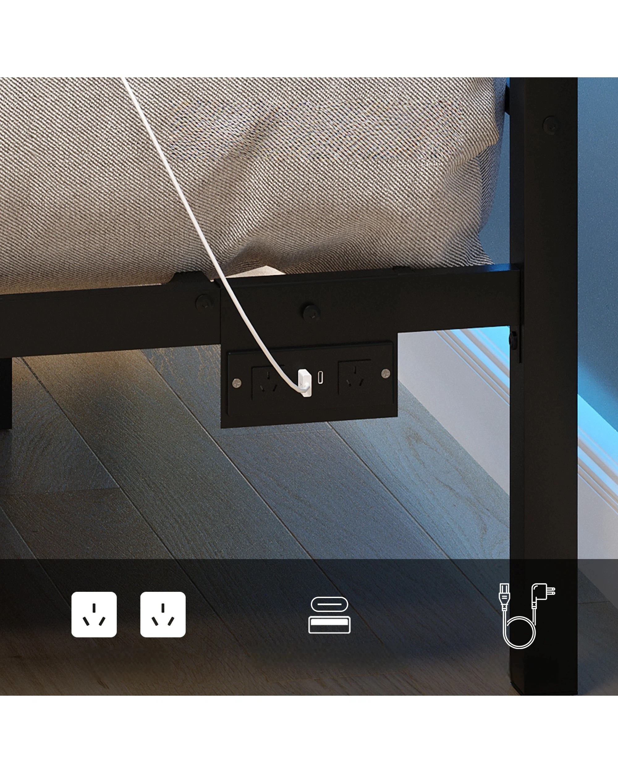 3 Advwin Queen Size LED Bed Frame with Charging Station Metal Platform, 3 of 6