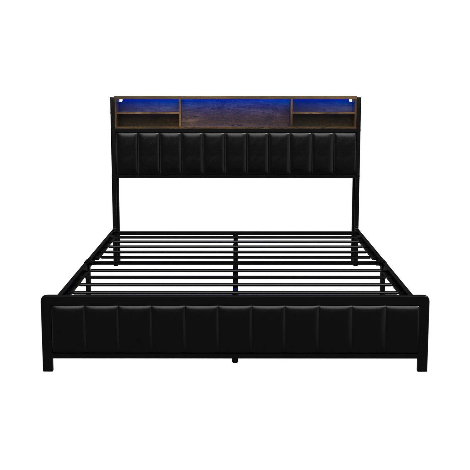 8 Oikiture Bed Frame Queen Size LED Storage Headboard With USB Charge - Black, 8 of 9