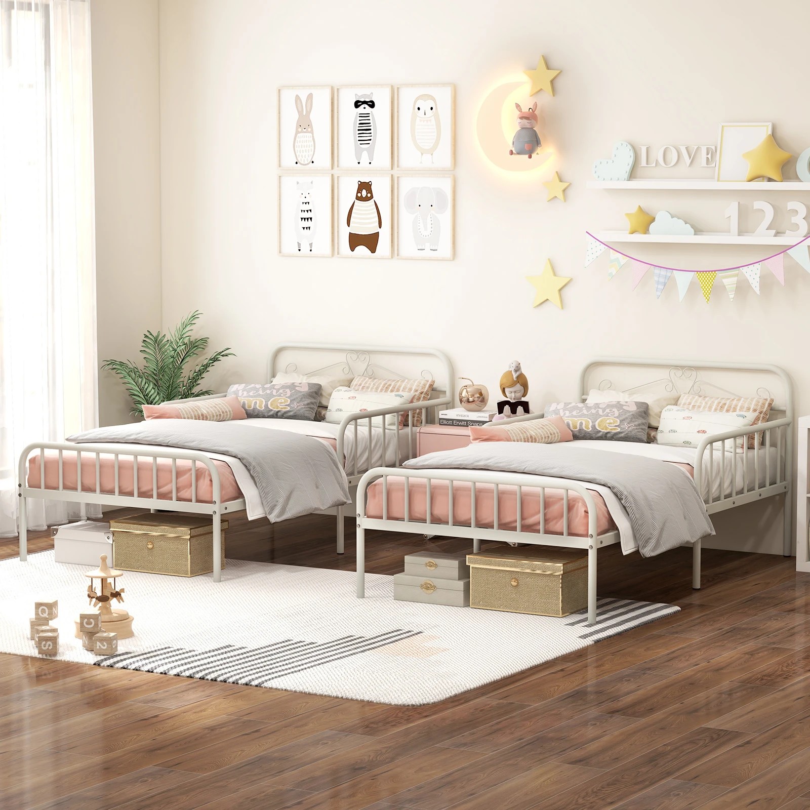 3 Costway Single Metal Bed Frame Modern Platform Bed w/Headboard & Safety Guardrails, 3 of 4