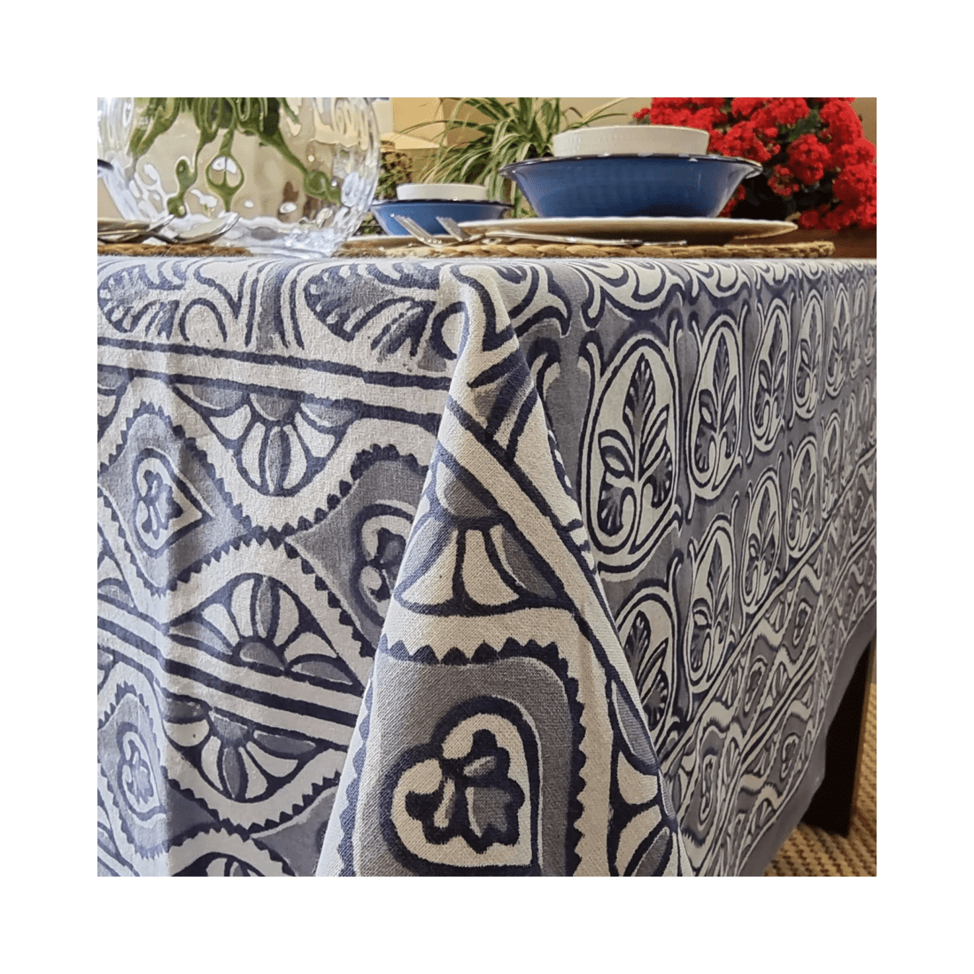 4 Kolka Lotus Handle Block-Printed Simple Dining Table Tablecloth - Grey, 4 of 7