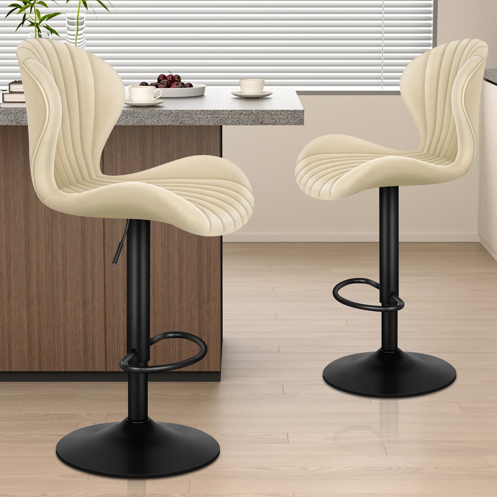 9 Alfordson 2x Bar Stools Gas Lift Air Leather Bar Chairs Kitchen Swivel - Beige, 9 of 10