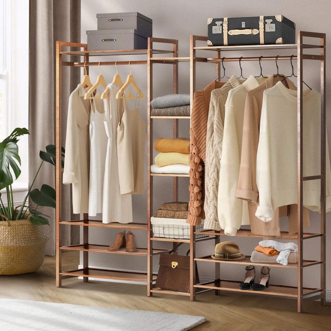 2 Oikiture Clothes Rack Open Wardrobe Garment Coat Hanging Rail Bamboo 13 Shelves
 - Natural, 2 of 10