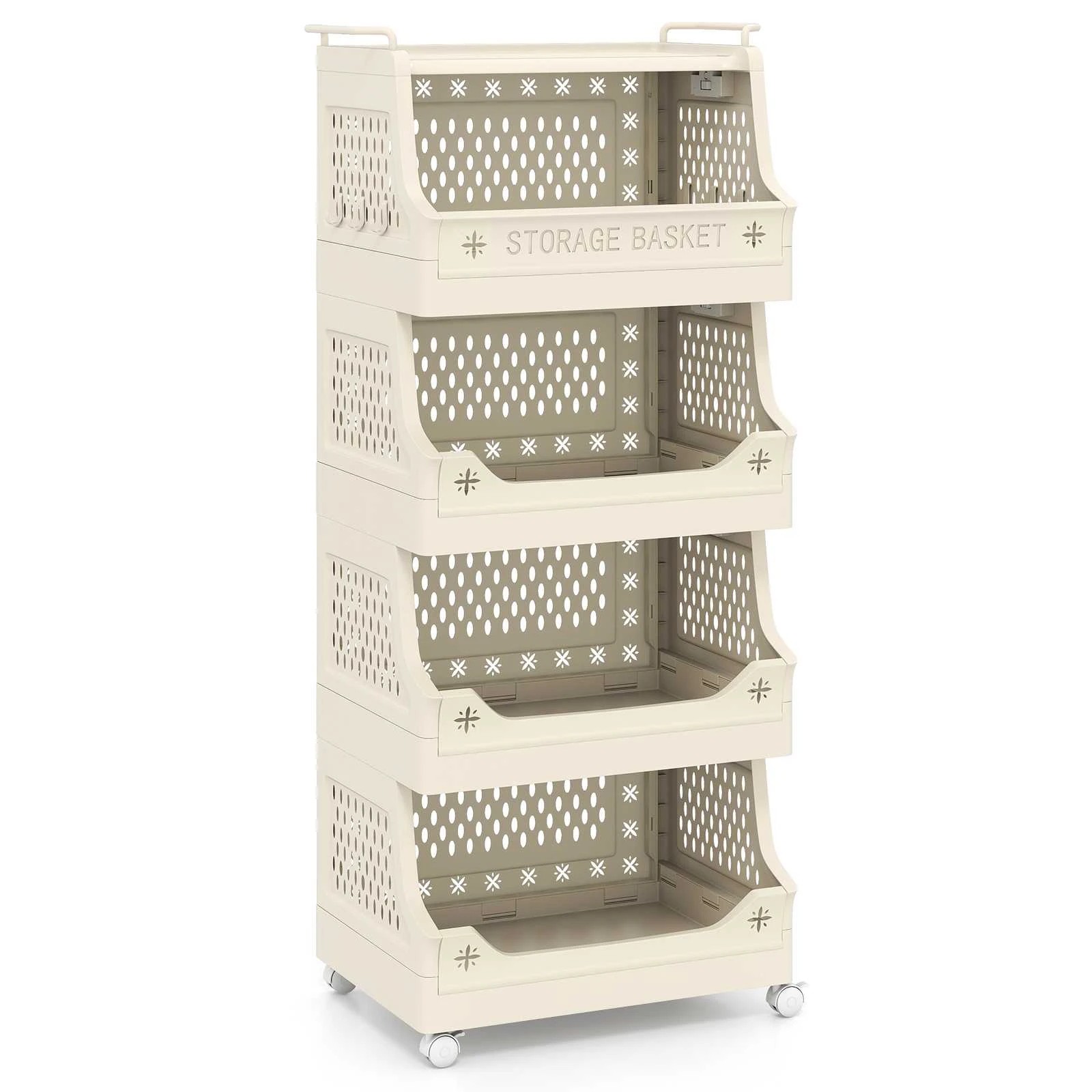 1 Costway 5 Tier Rolling Storage Cart w/Open Front Baskets Stackable Plastic Organizer - Beige, 1 of 3