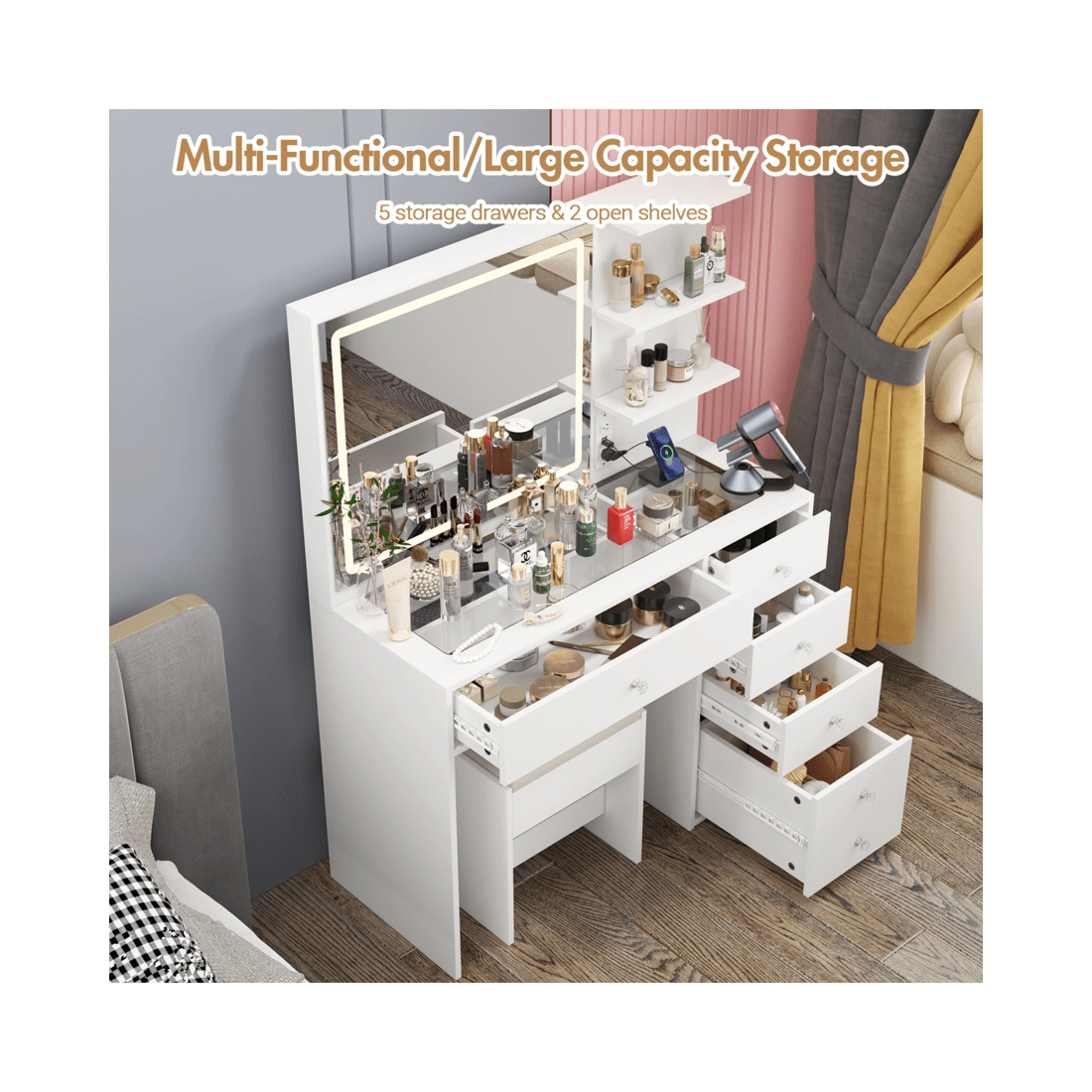 8 Advwin Dressing Table Stool Set Charging Station Lights Glass Tabletop Vanity Desk, 8 of 10