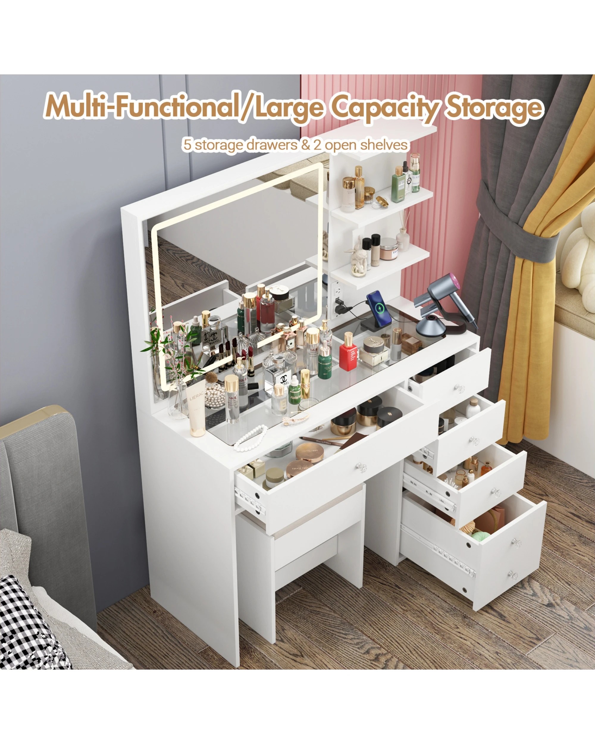 8 Advwin Dressing Table Stool Set Charging Station Lights Glass Tabletop Vanity Desk, 8 of 10