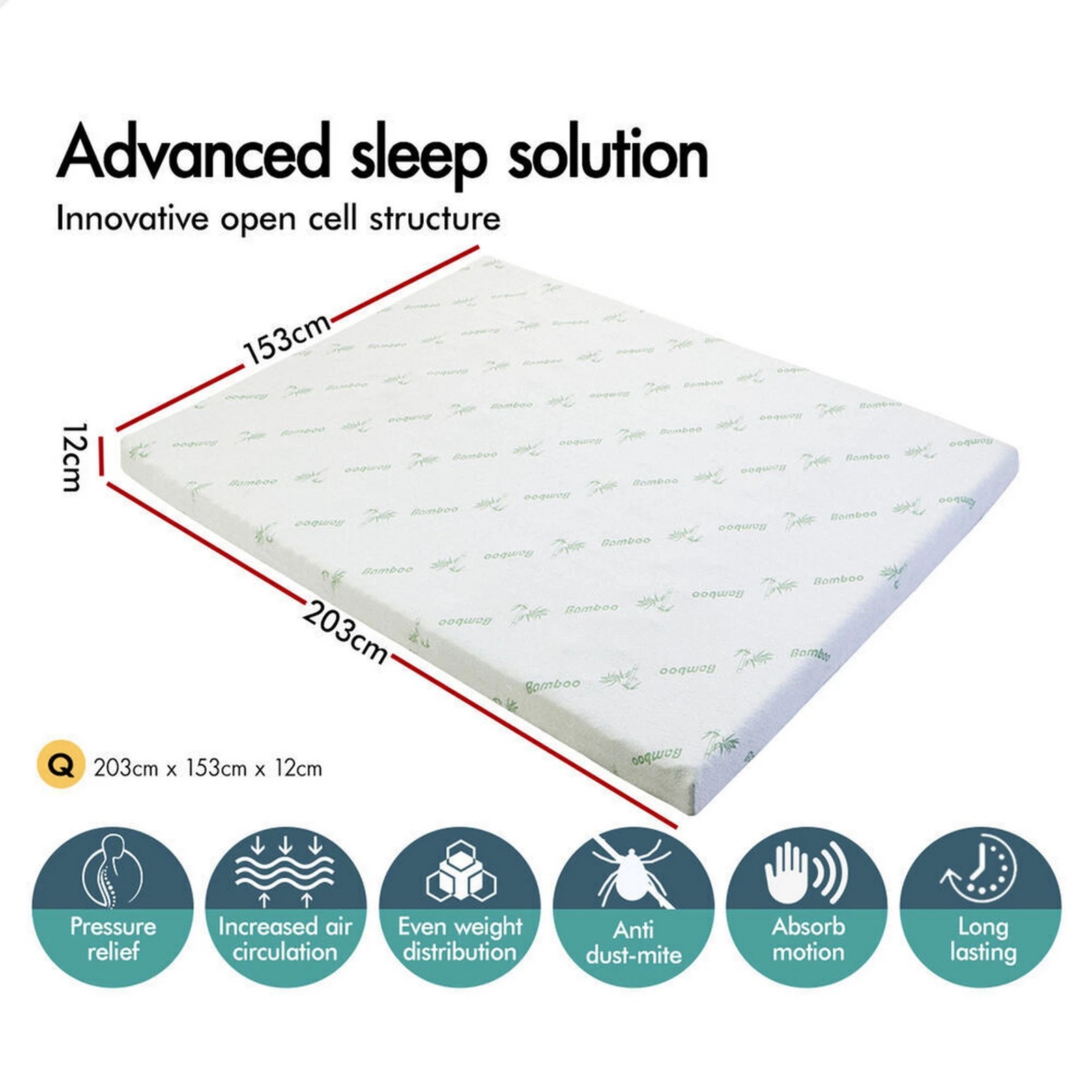 2 Starry Eucalypt Memory Foam Mattress Topper 12cm Ventilated Cool Gel Queen - Queen Bed, 2 of 10