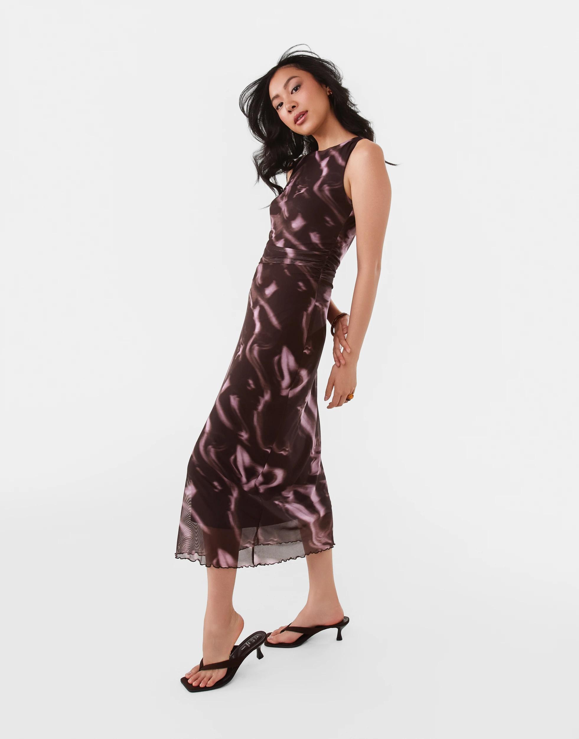 2 Sleeveless Mesh Ruched Midi Dress Choc Pink, 2 of 7