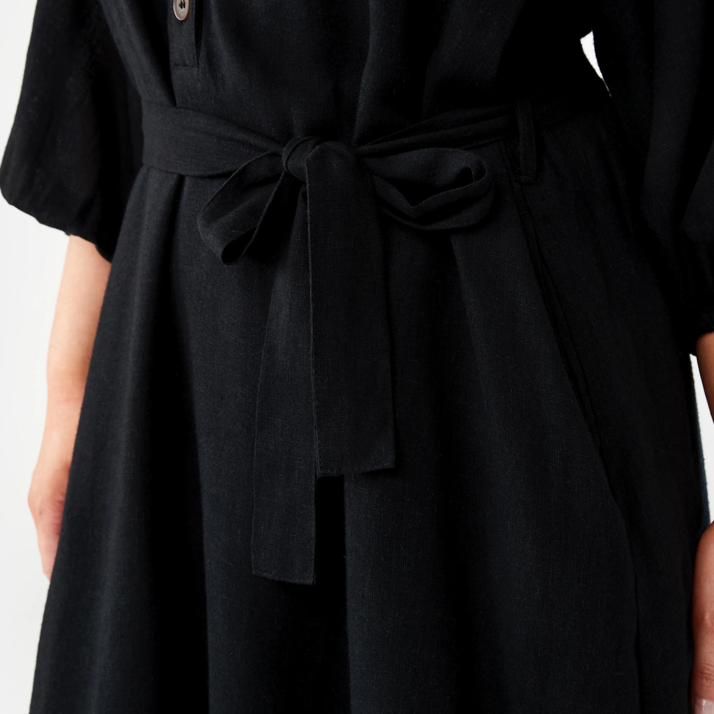 7 Elbow Sleeve Linen Blend Mini Dress BLACK, 7 of 10