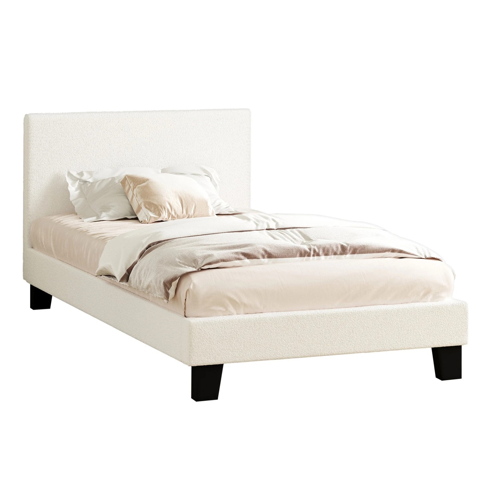 1 Oikiture Bed Frame Single Size Boucle - White, 1 of 10