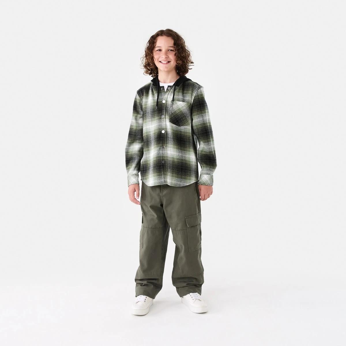 7 Long Sleeve Hooded Flannel Shirt Grn Check, 7 of 8