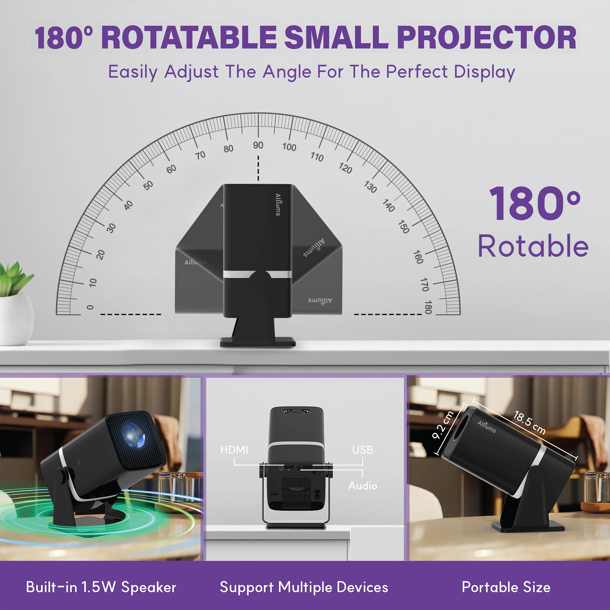 3 Alliums Mini Projector with 5G WiFi, 1080P Supported, PS5 & Phone Compatible - Black, 3 of 5