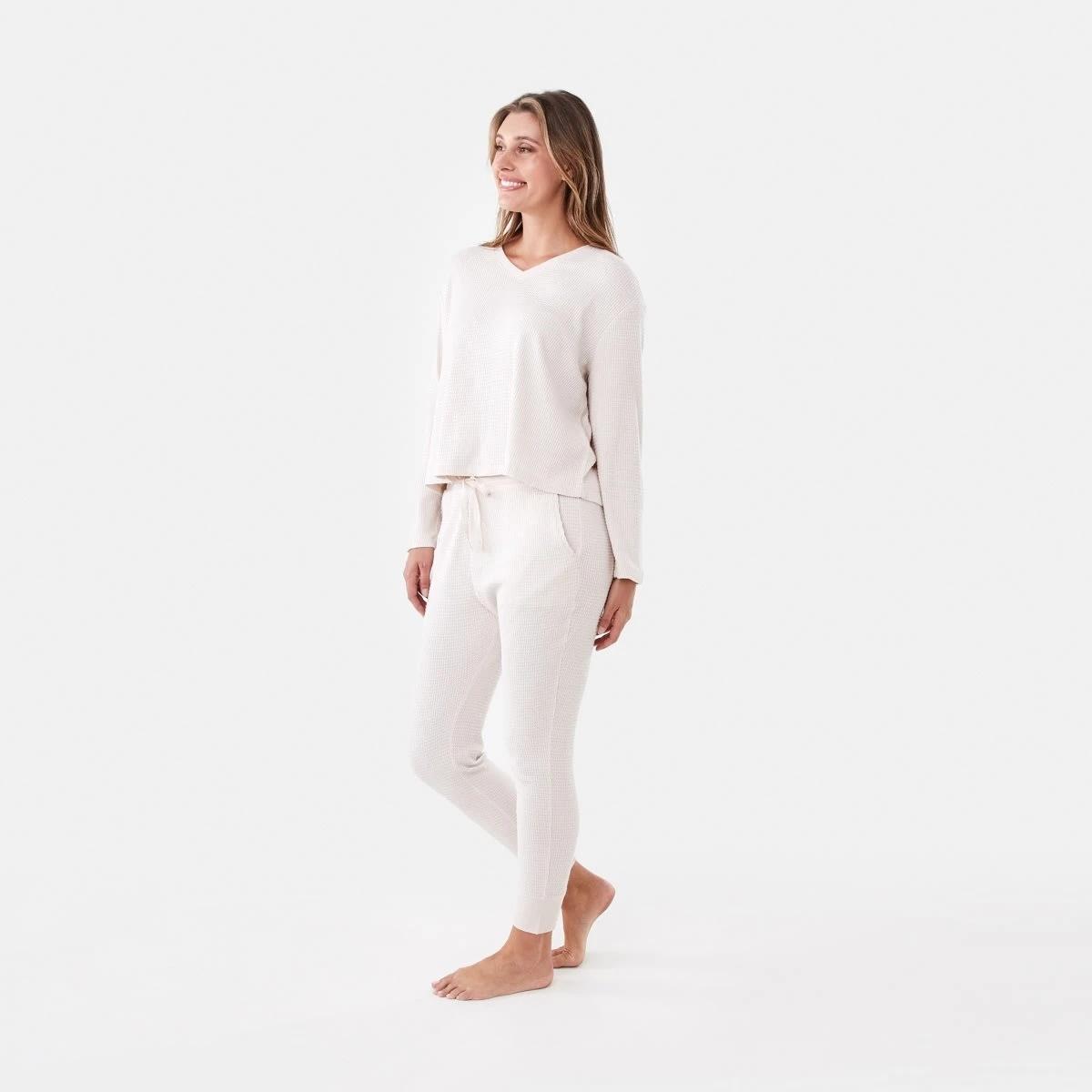 2 Waffle Long Sleeve Top and Pants Lounge Pyjama Set Beige Mrl, 2 of 7