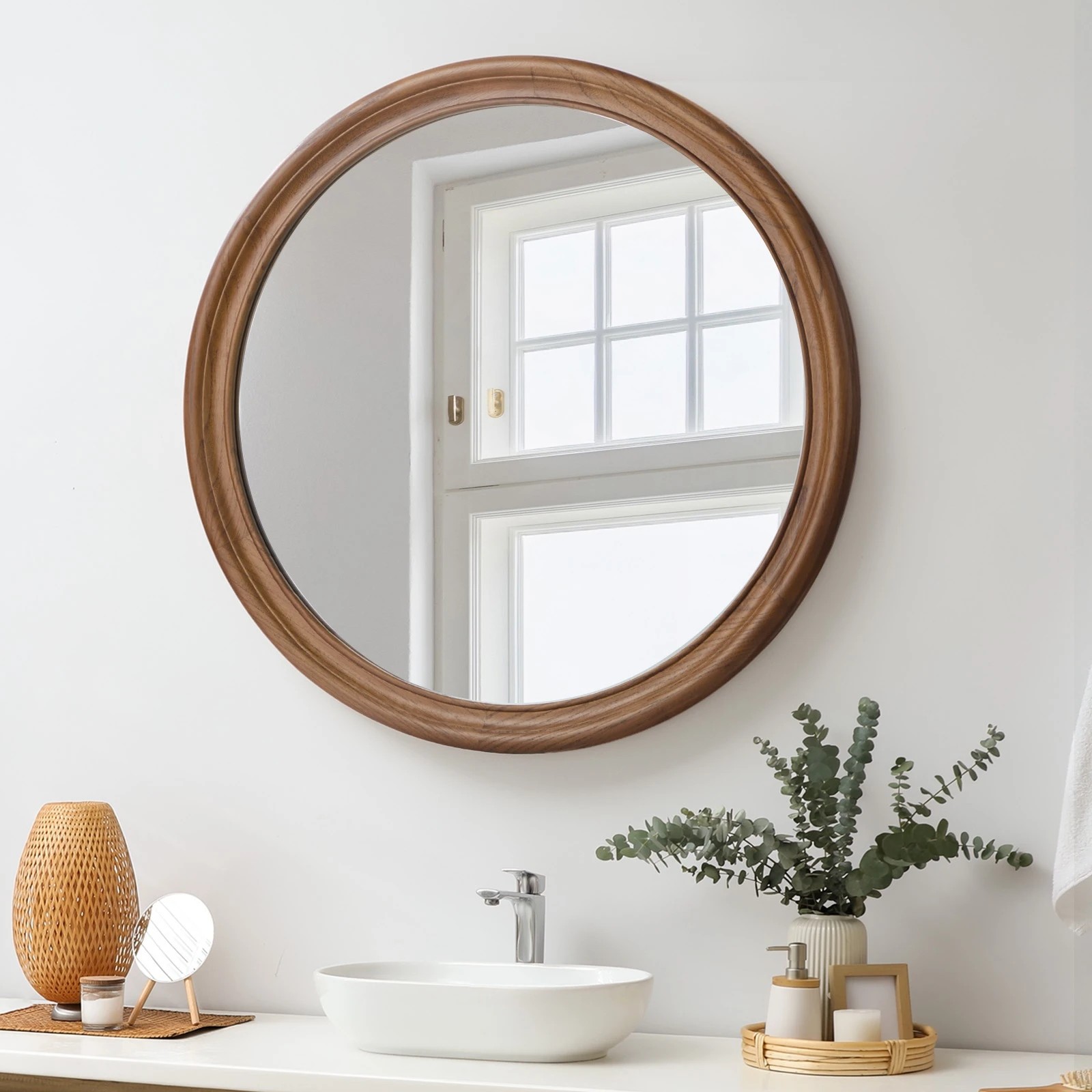 3 Oikiture Round Wall Mirror 80cm Wooden Frame Decor - Brown, 3 of 9