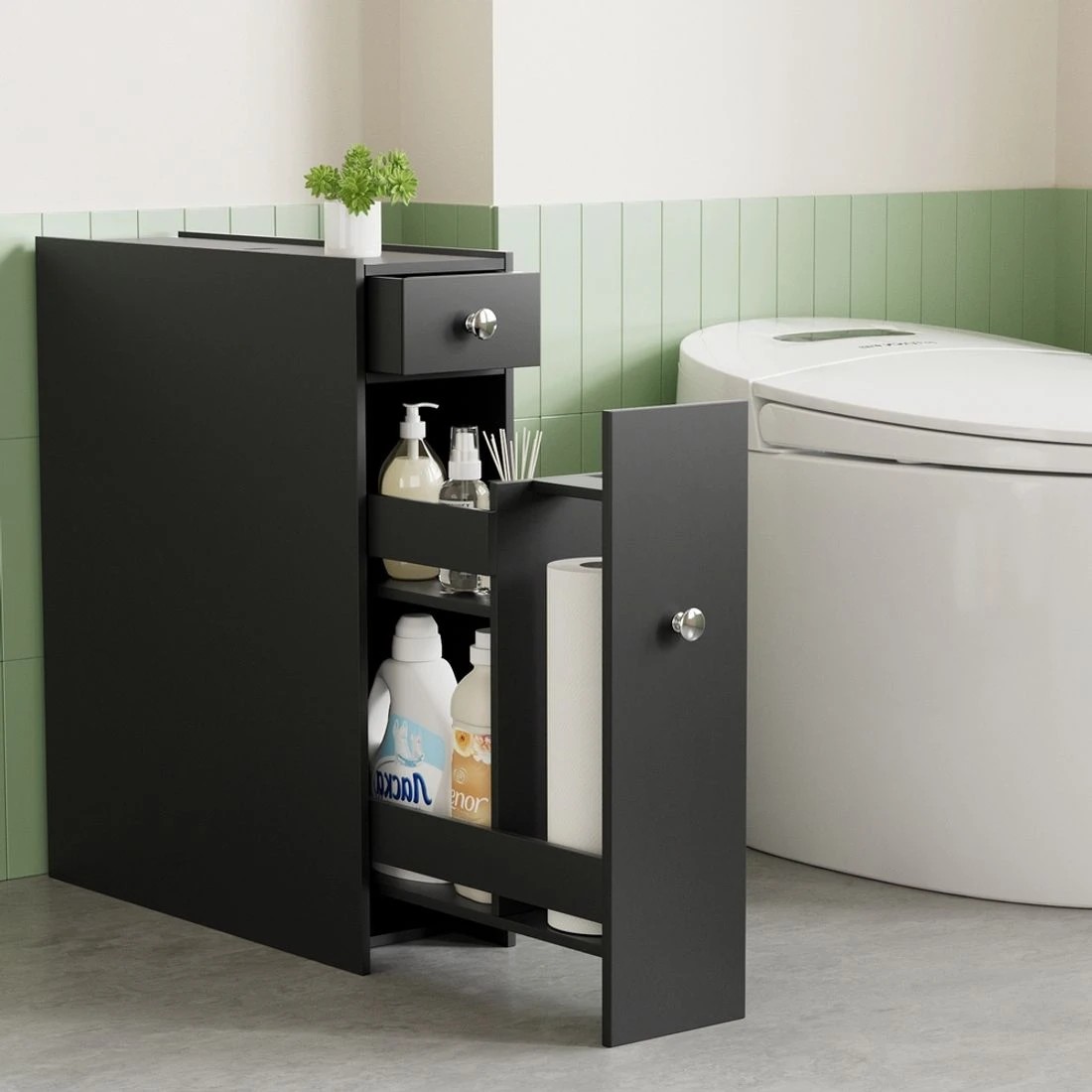 1 Artiss Bathroom Storage Cabinet Toilet Slim Tissue Box Caddy Holder Side Wooden - Black, 1 of 8