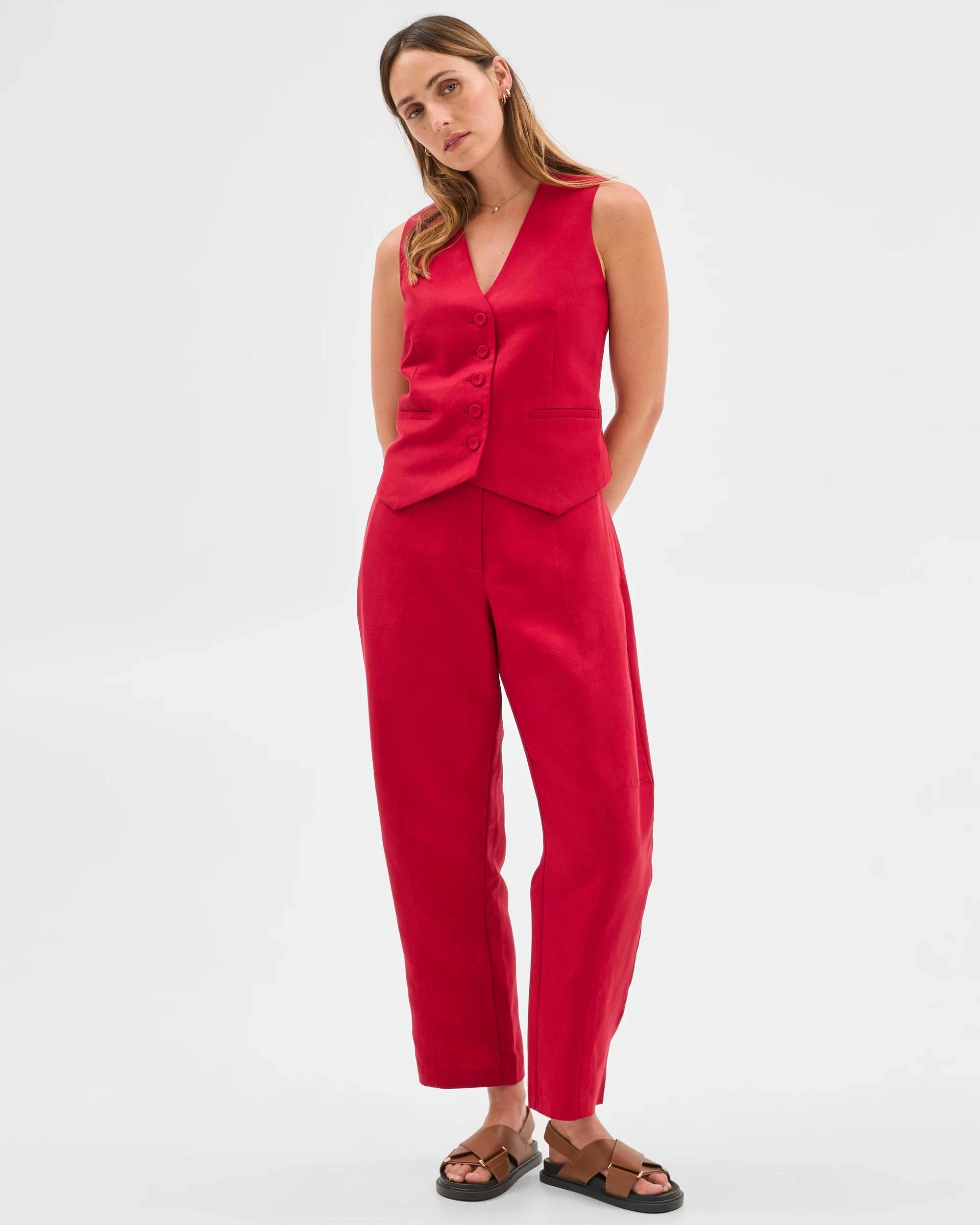 1 Preview Linen Blend Short Vest CRIMSON, 1 of 6