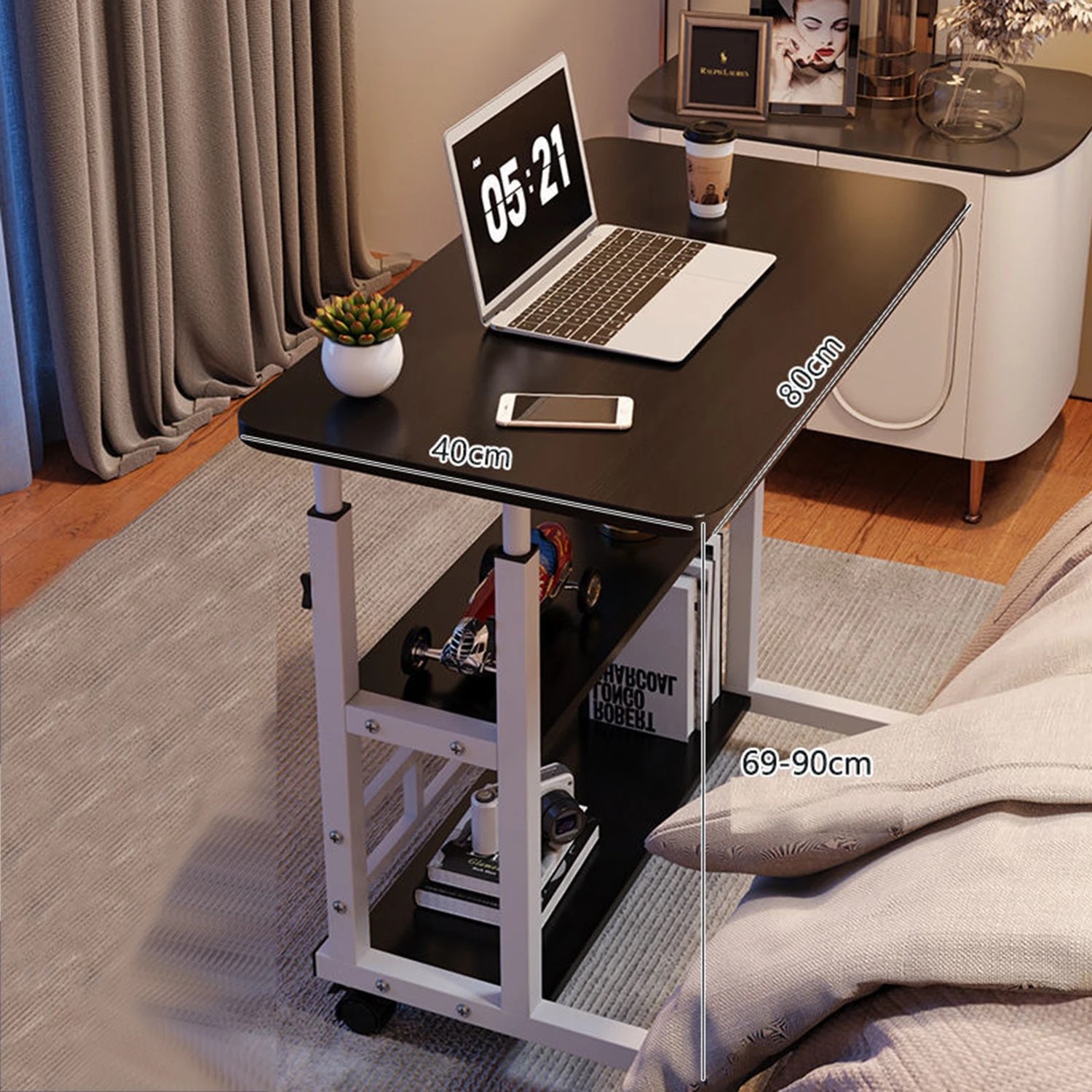 3 Foret Mobile Computer Study Bedside Desk Storage Stand Adjustable Portable 3 Shelf Black, 3 of 10