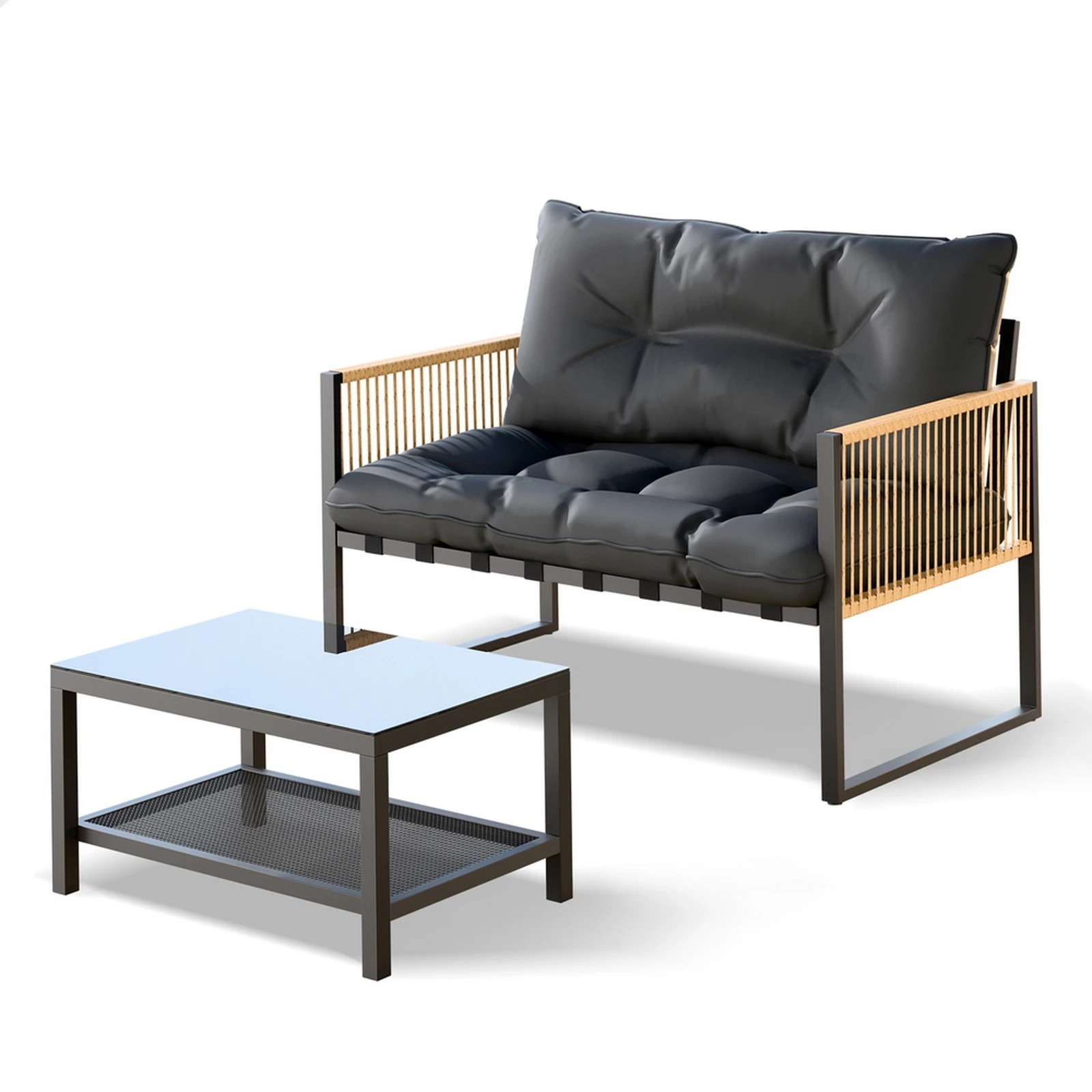 1 Alfordson 2PCS Outdoor Lounge Sofa Set Wicker Furniture Table and Chairs Garden - Grey, 1 of 9