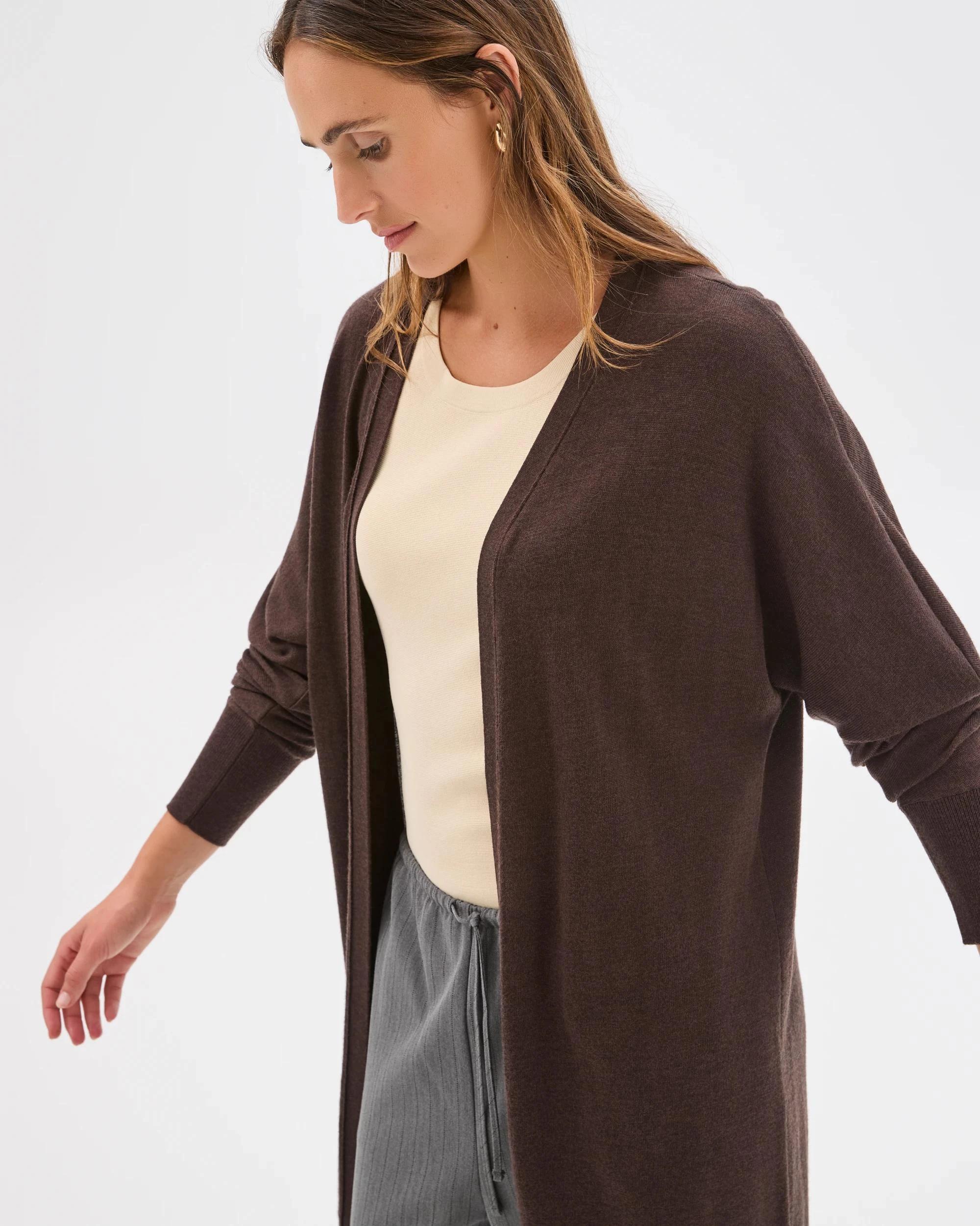 6 Preview Australian Merino Wool Long Sleeve Longline Cardigan COFFEE BEAN, 6 of 7