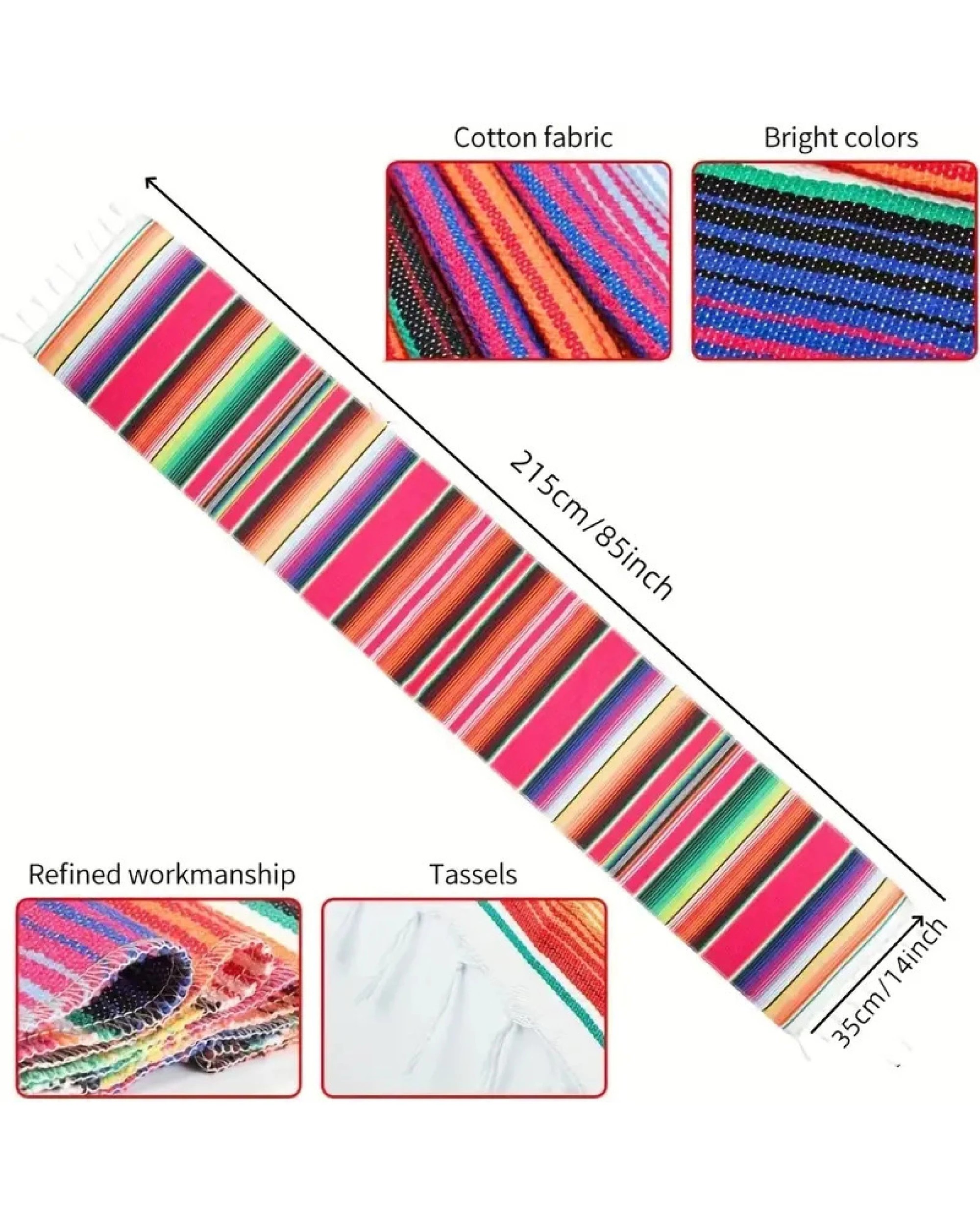4 Br Home Rainbow Table Cloth Runner Stripe W/ Tassel Mexican Tablecloth Wedding Party Decor, 4 of 6