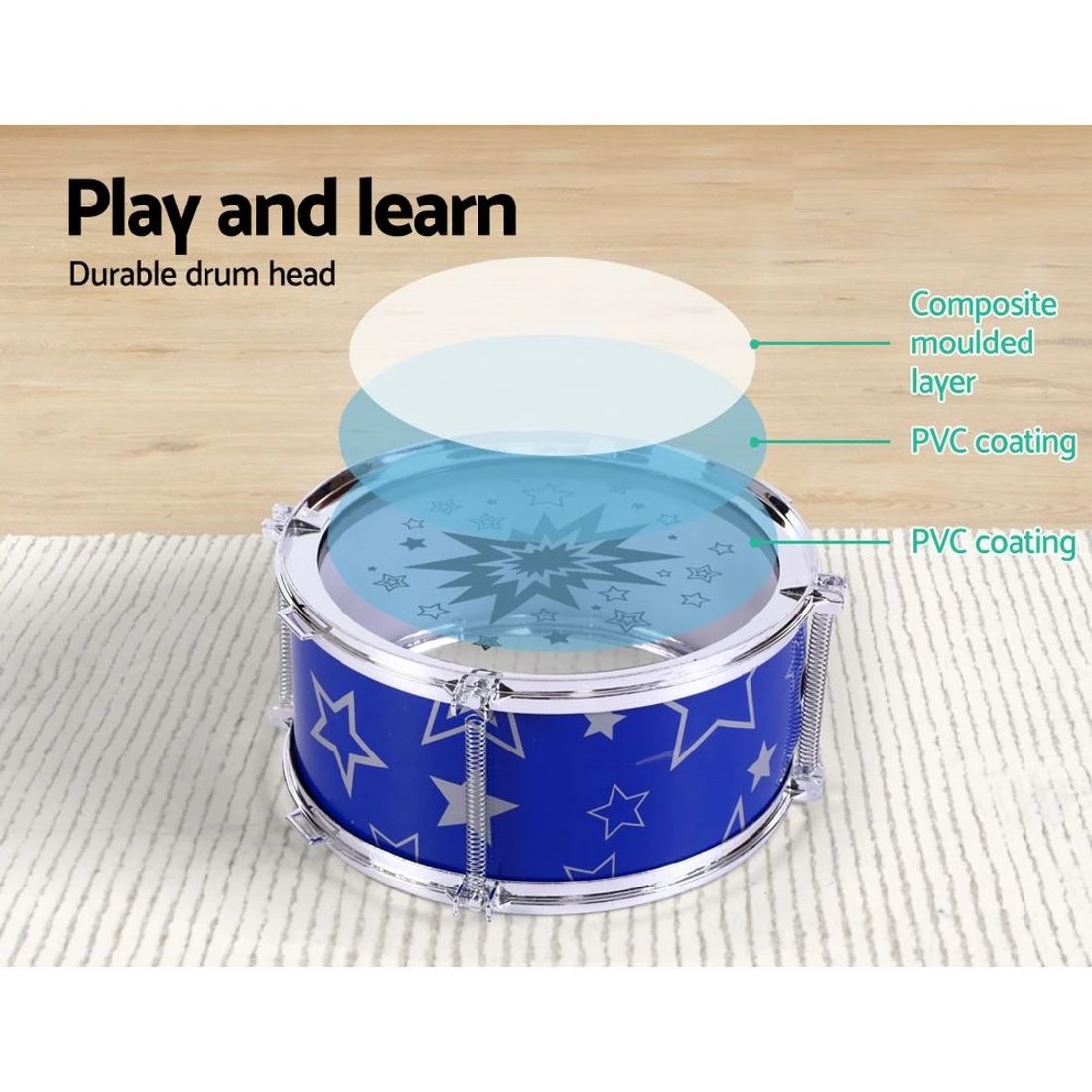 5 Keezi Kids Drum Kit Set Pretend Play Junior Drums Musical Toys Childrens 11pcs - Blue, 5 of 8