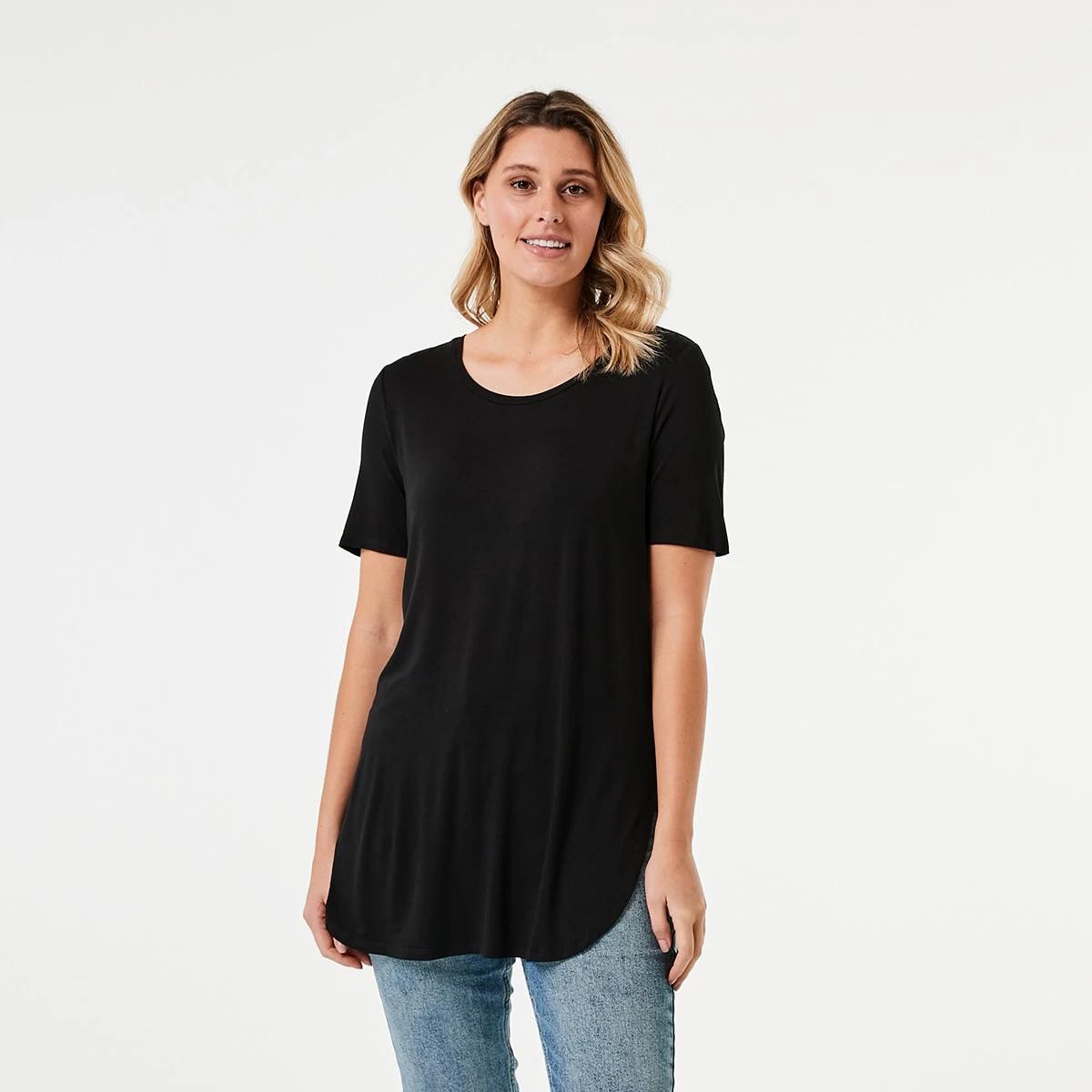 1 Short Sleeve Curved Hem Tunic Black, 1 of 5