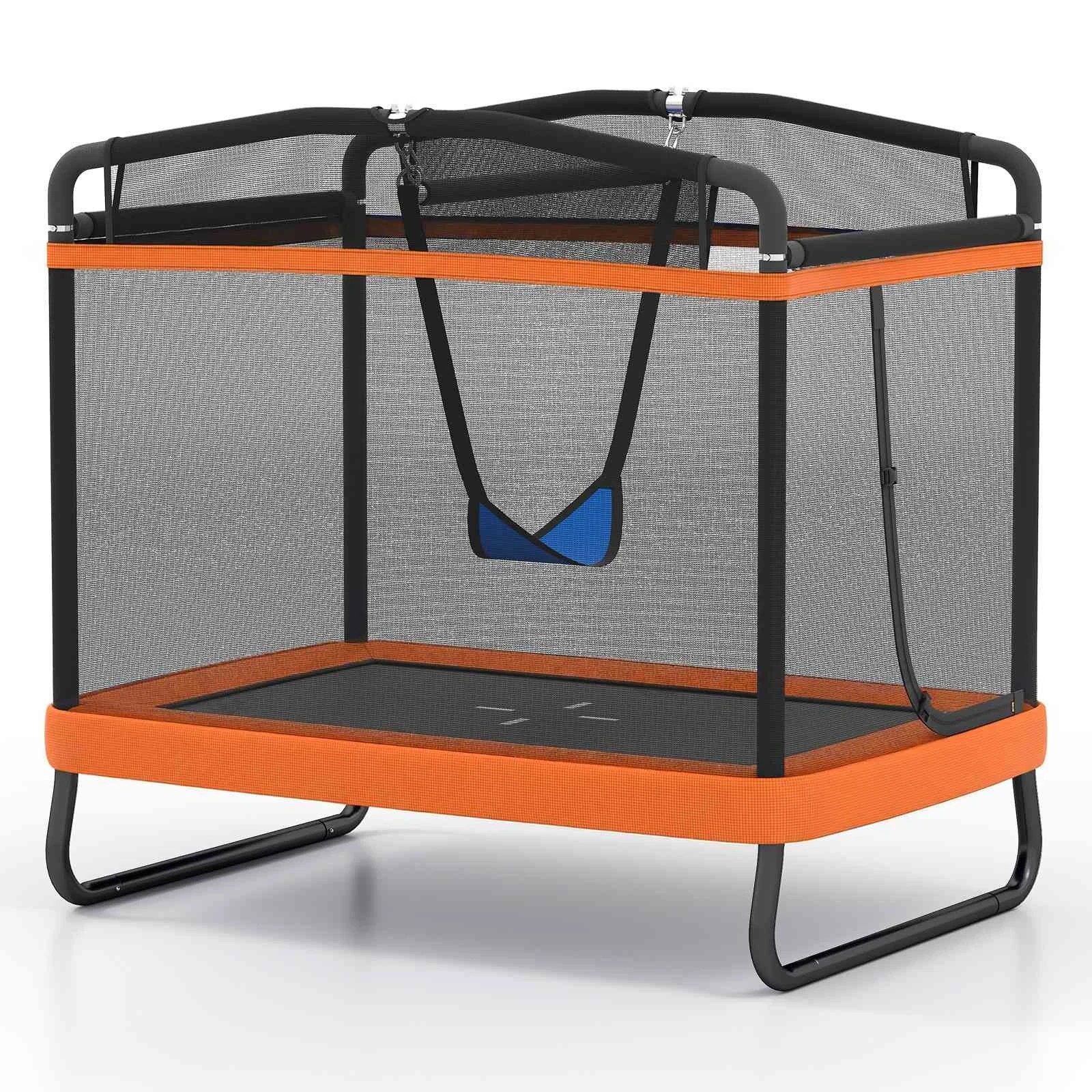 1 Costway 6FT Kids Trampoline Rectangle Rebounder w/Swing Horizontal Bar & Enclosure Net - Orange, 1 of 2