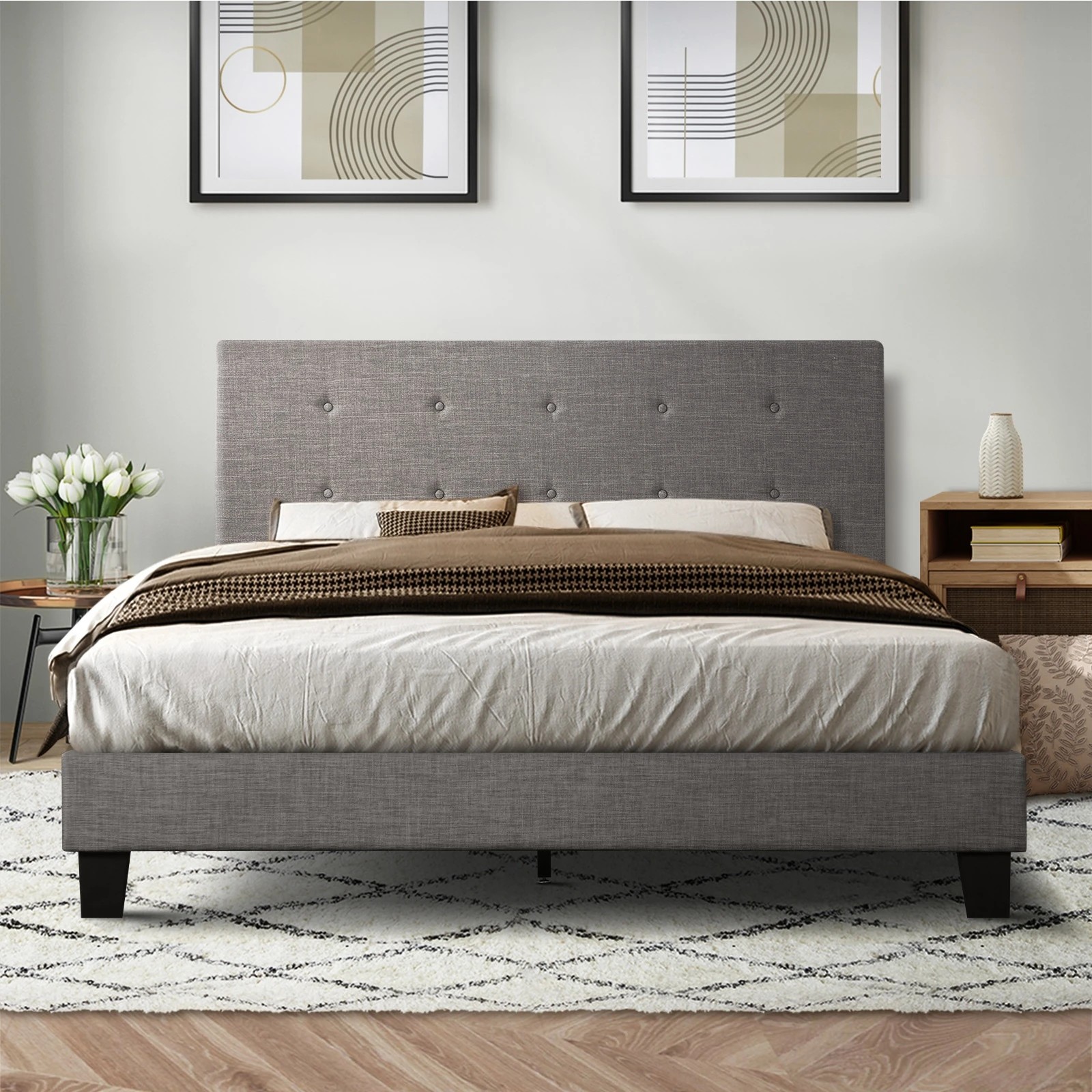 3 Oikiture Double Bed Frame Bed Platform
 - Grey, 3 of 10