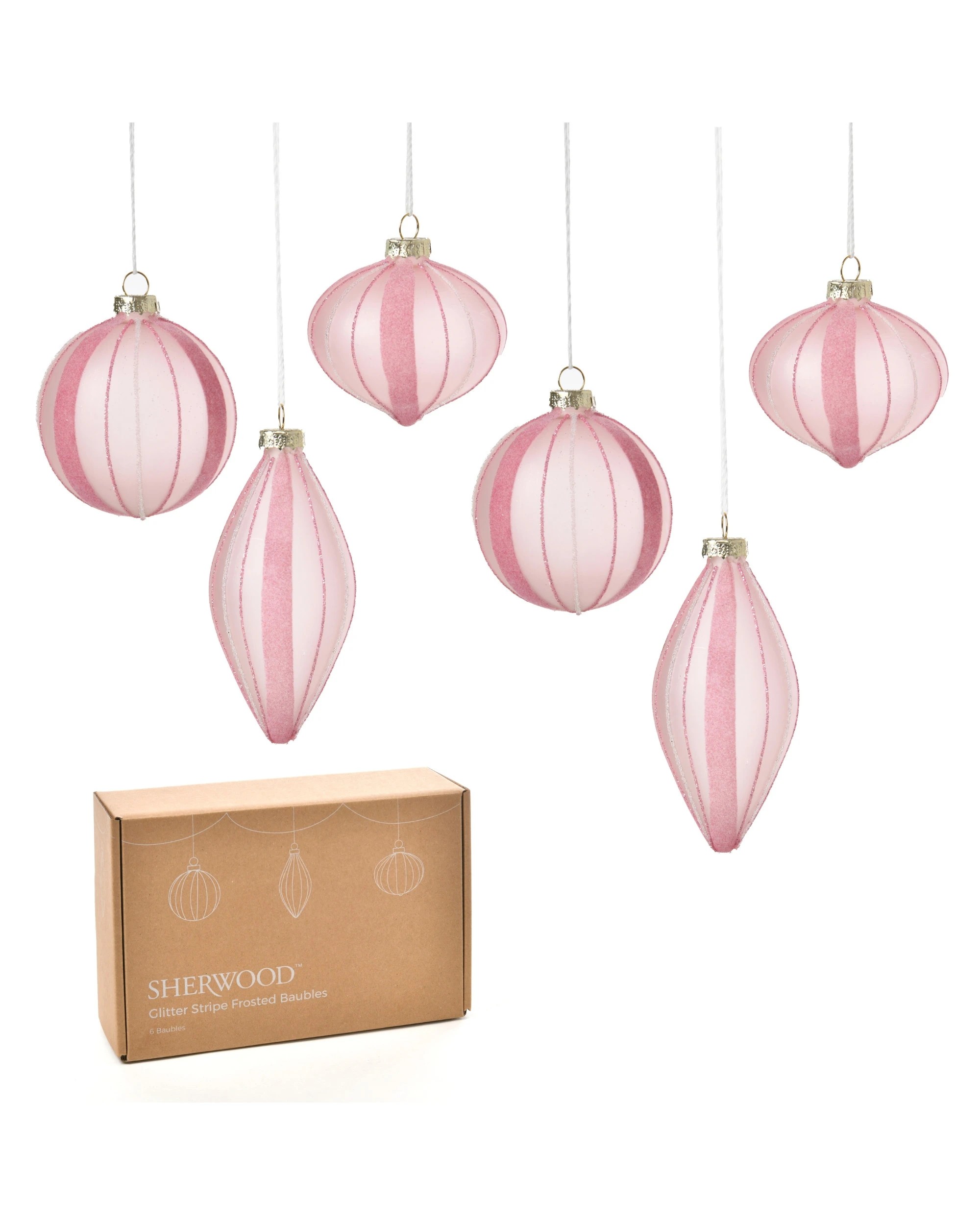 1 Sherwood Christmas Glitter Stripe Frosted Glass Mixed Shape Baubles (6 Pack) - Blush, 1 of 5
