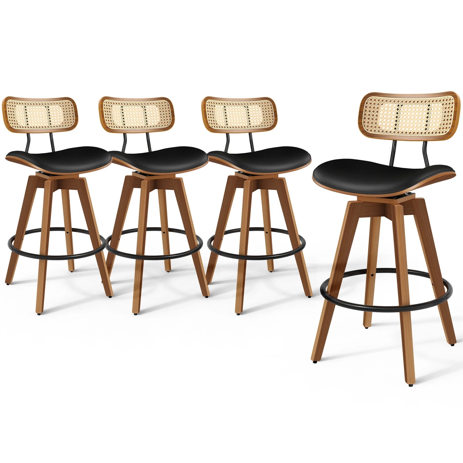 1 Alfordson 4x Bar Stools Kitchen Vintage Leather Seat Rattan Chair - Black, 1 of 10