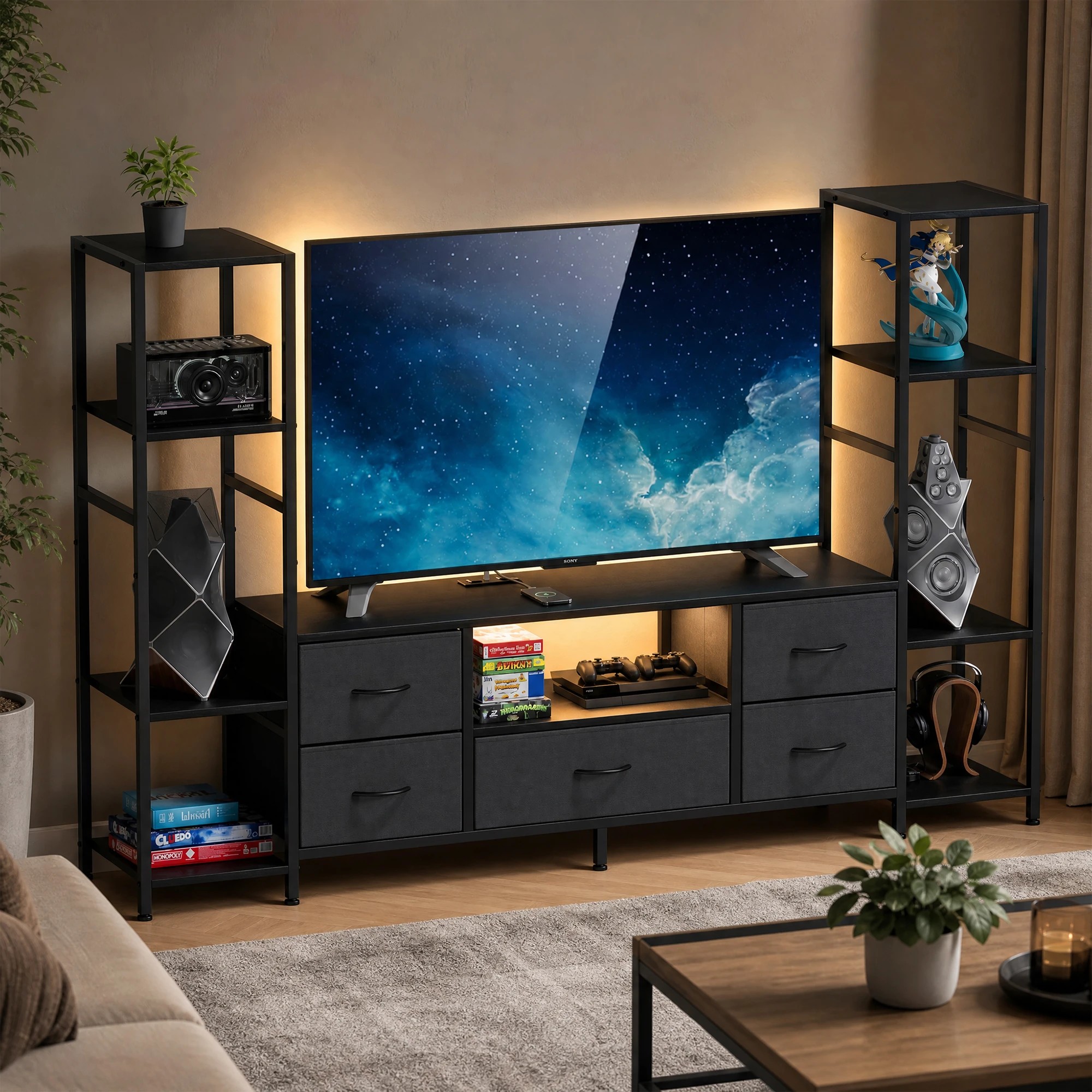 4 Advwin 185cm TV Stand with Bookshelf Power Outlet & LED Lights for 32-55 inch TV - Black, 4 of 7
