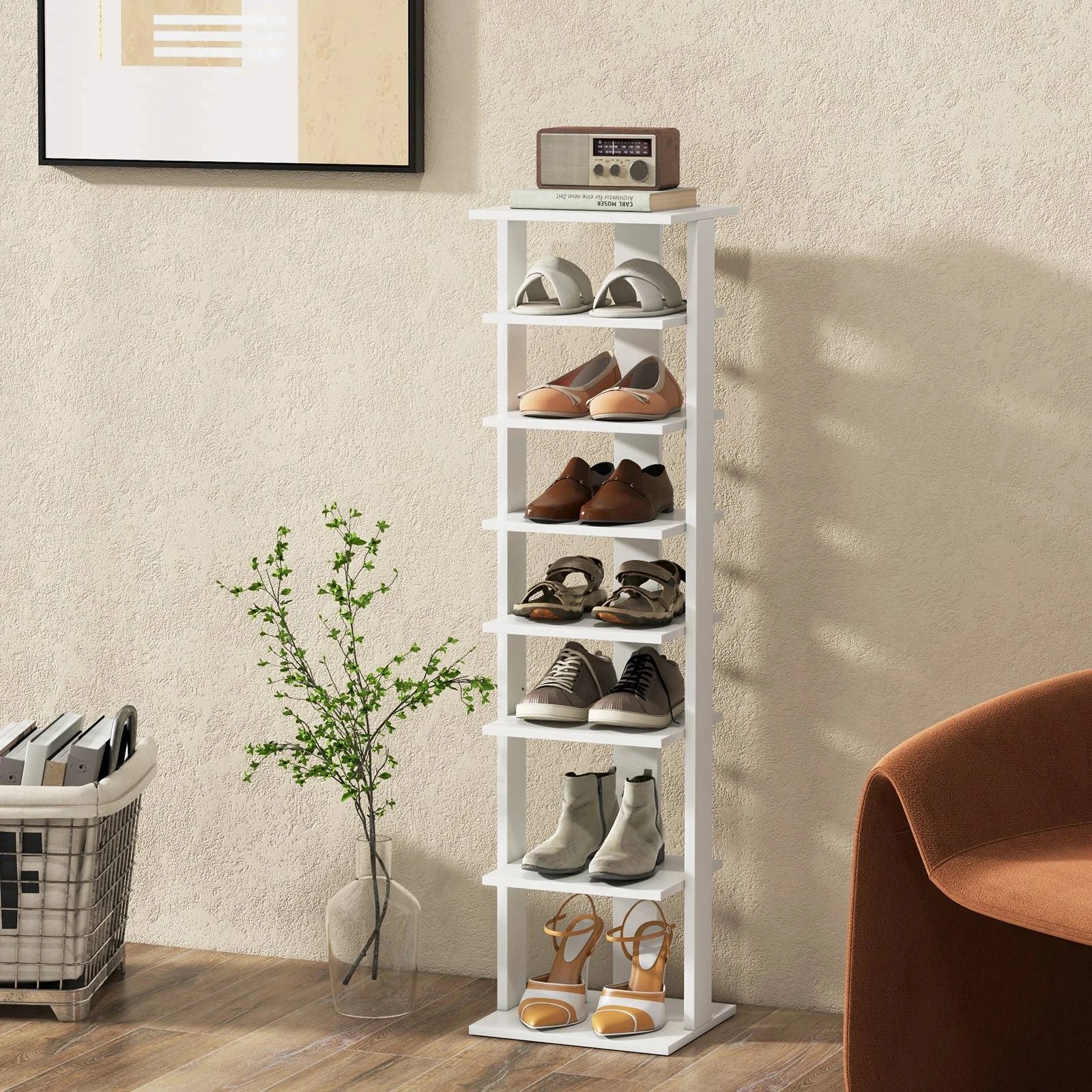 2 Costway 8-Tier Single Shoe Rack Narrow Shoe Storage Organizer w/Removable Shelf - White, 2 of 4