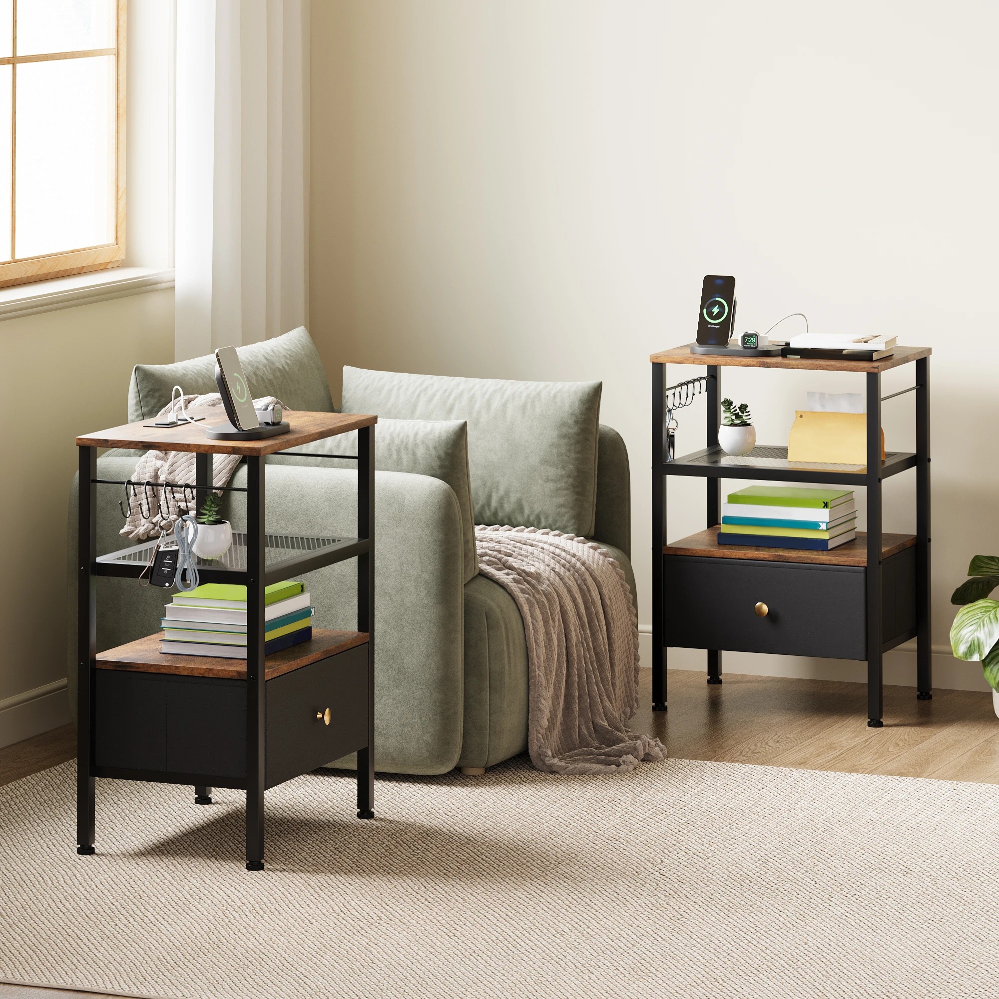 7 Advwin Set of 2 Bedside Table with Charging Station LED Lights Drawer - Brown, 7 of 8