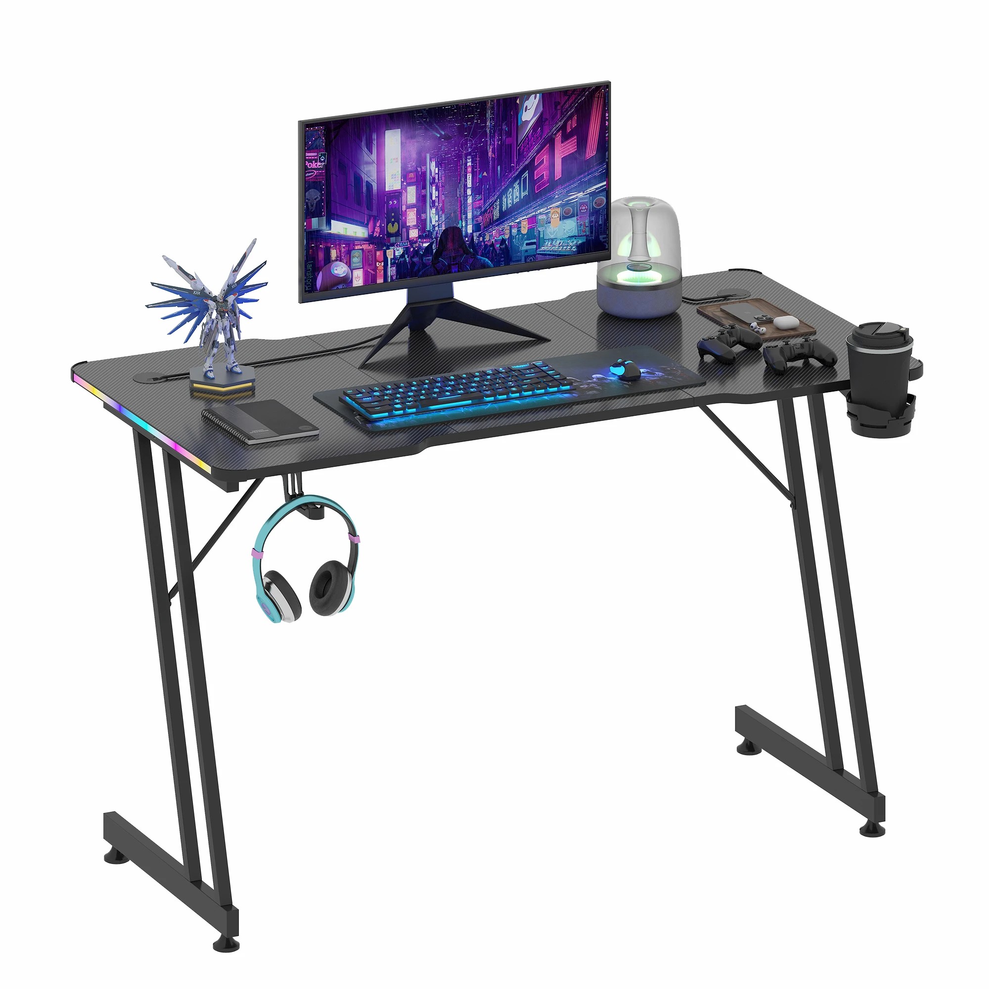7 Advwin 140cm Z-Shape LED Gaming Desk w/ Mouse Pad Carbon Fiber Computer Workstation - Black, 7 of 9