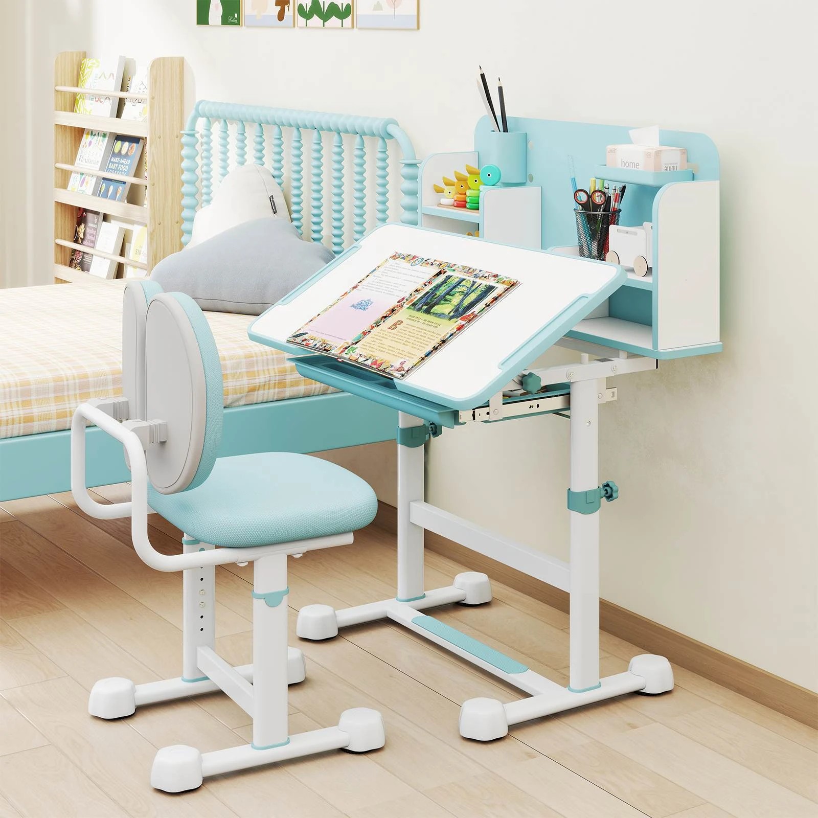 2 Costway Tilt Study Desk & Chair Set Adjustable Writing Table Chair - Blue, 2 of 3