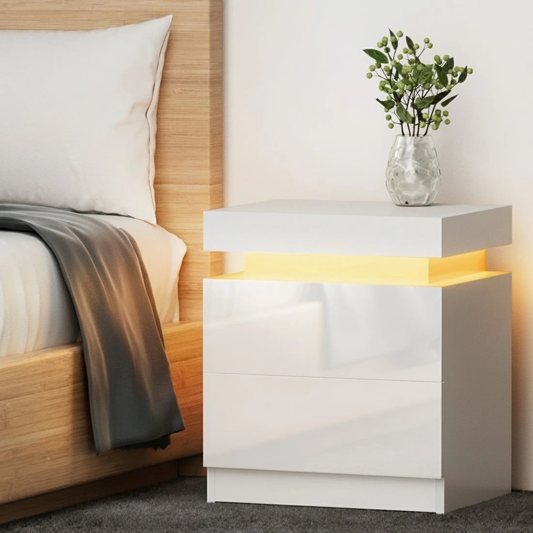7 Artiss 2X Bedside Table LED 2 Drawers Lift-up Storage - White, 7 of 7