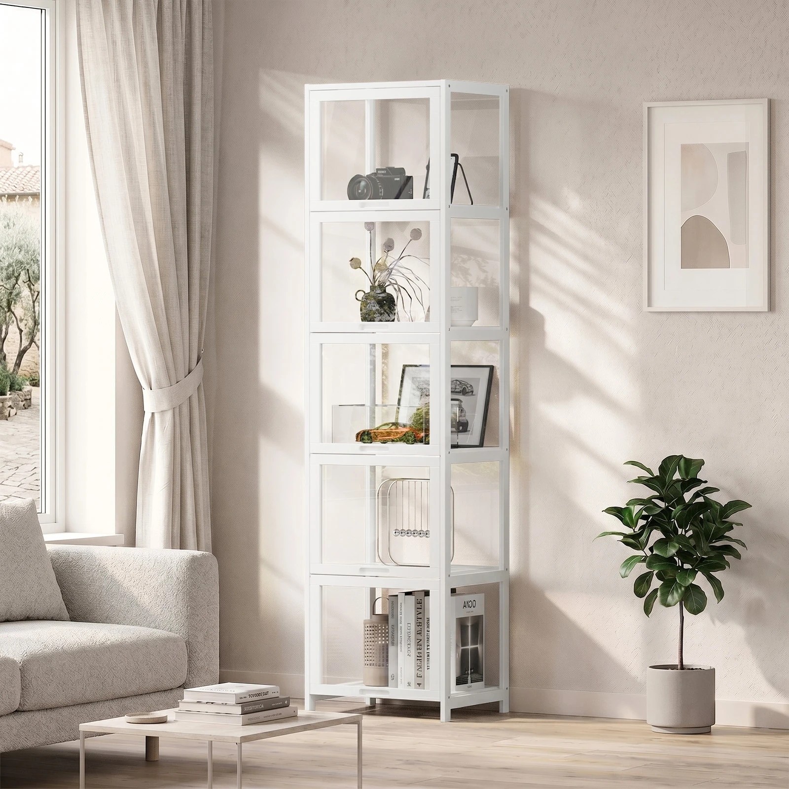 3 Oikiture Display Cabinet Storage 5-Tier Shelves Bookcase Clear Stand Rack - White, 3 of 8