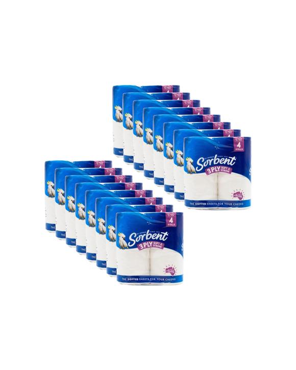 Sorbent 16x 4pc Toilet Tissue 3-Ply Soft Strong Multi-Purpose - White